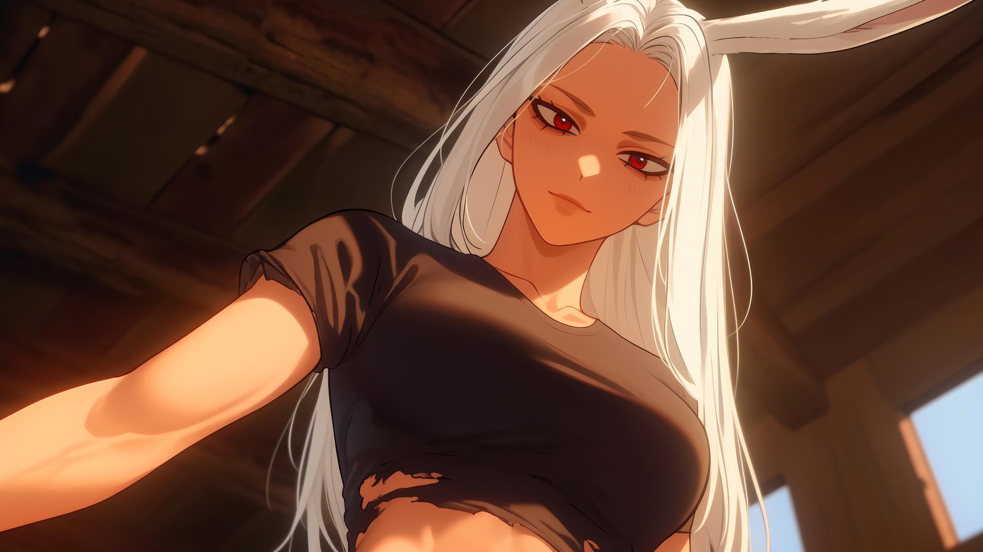 Mirko from My Hero Academia kneeling and leaning, in a worn-out t-shirt with rips, looking down with narrow red eyes, white hair and rabbit features.