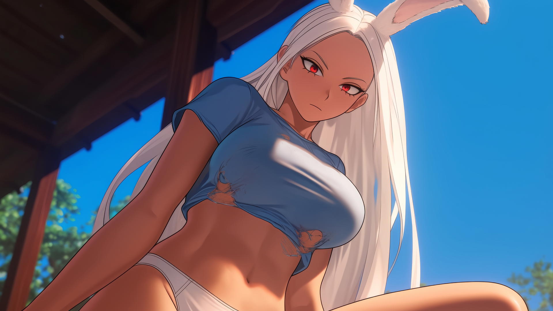 Mirko from My Hero Academia, kneeling with worn-out t-shirt, rabbit ears, surrounded by warm light