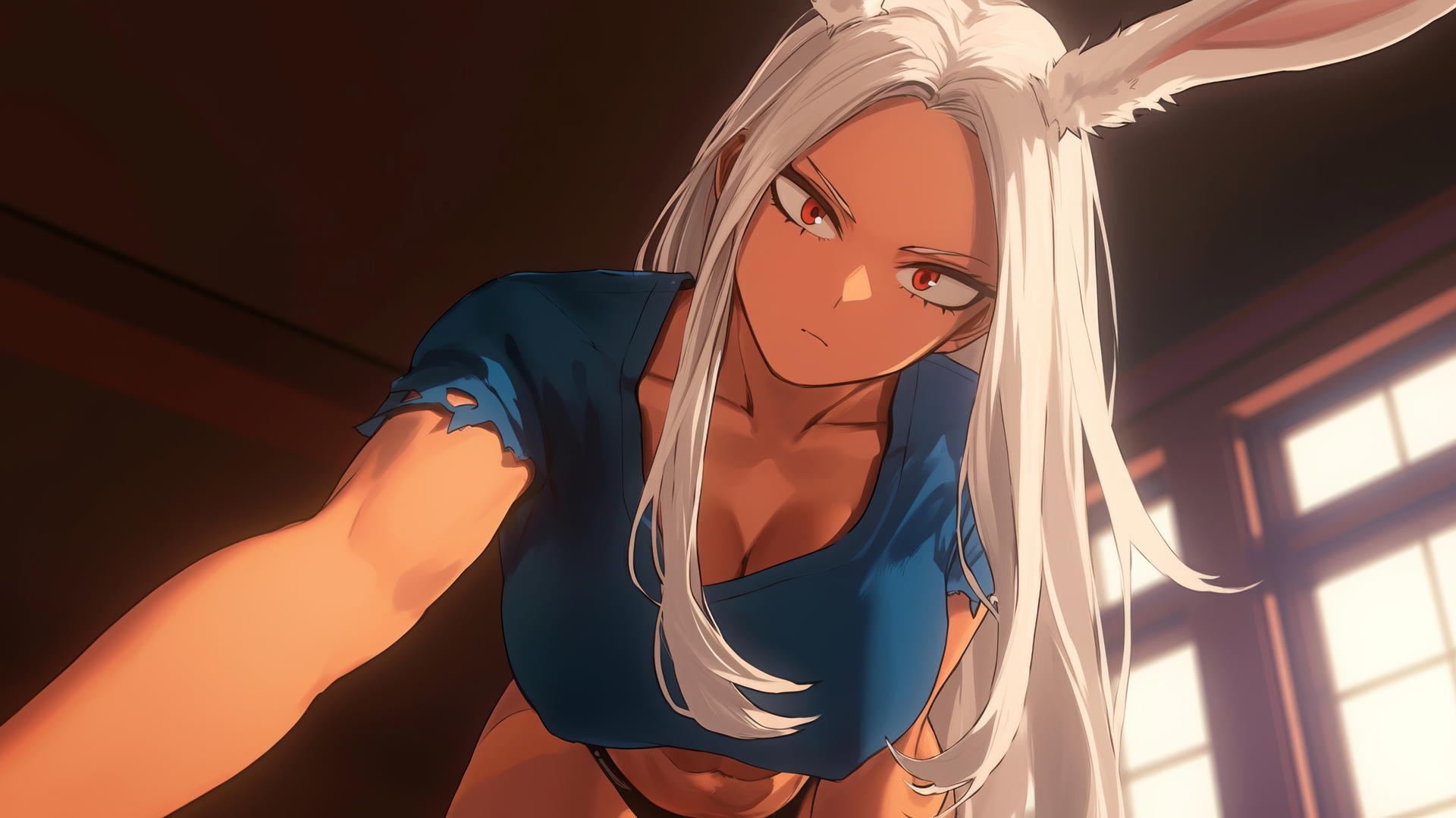 Mirko from My Hero Academia, tan-skinned with white hair, rabbit features, kneeling, looking down