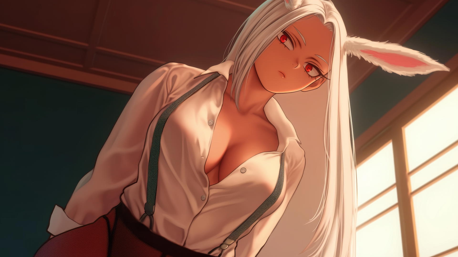 Tan-skinned Mirko from My Hero Academia in an office shirt, seen from below with long white rabbit ears pointing upwards, leaning forward with warm light casting a glow on her muscular figure.