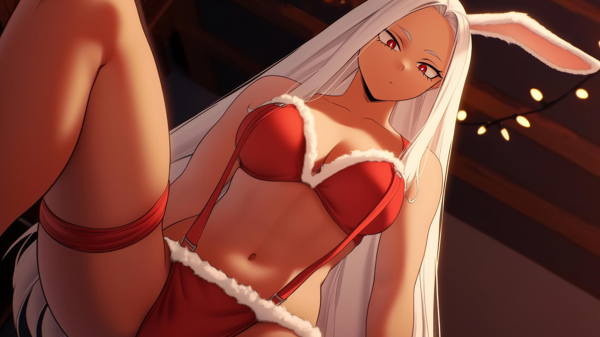 Mirko from My Hero Academia in Christmas attire kneeling, with rabbit ears and tail, seen from below