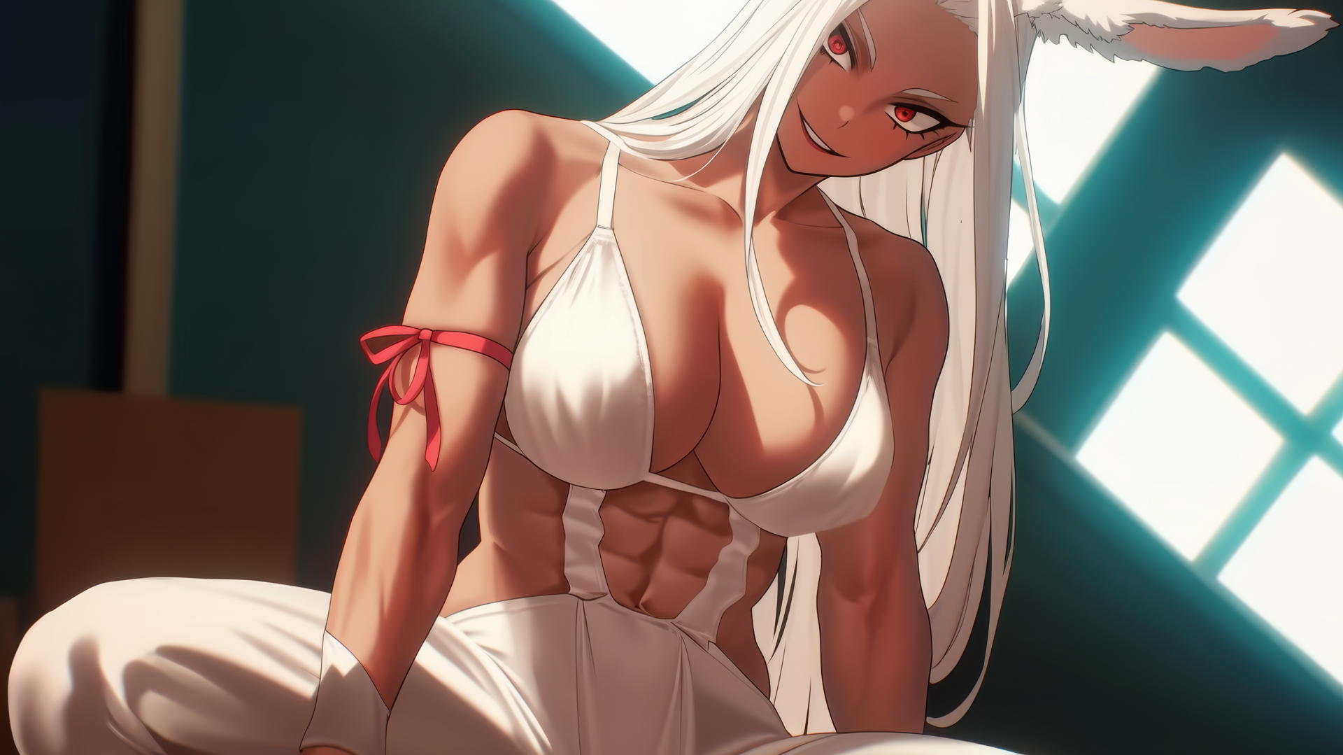 Mirko from My Hero Academia in a wedding dress, leaning and kneeling, seen from below.