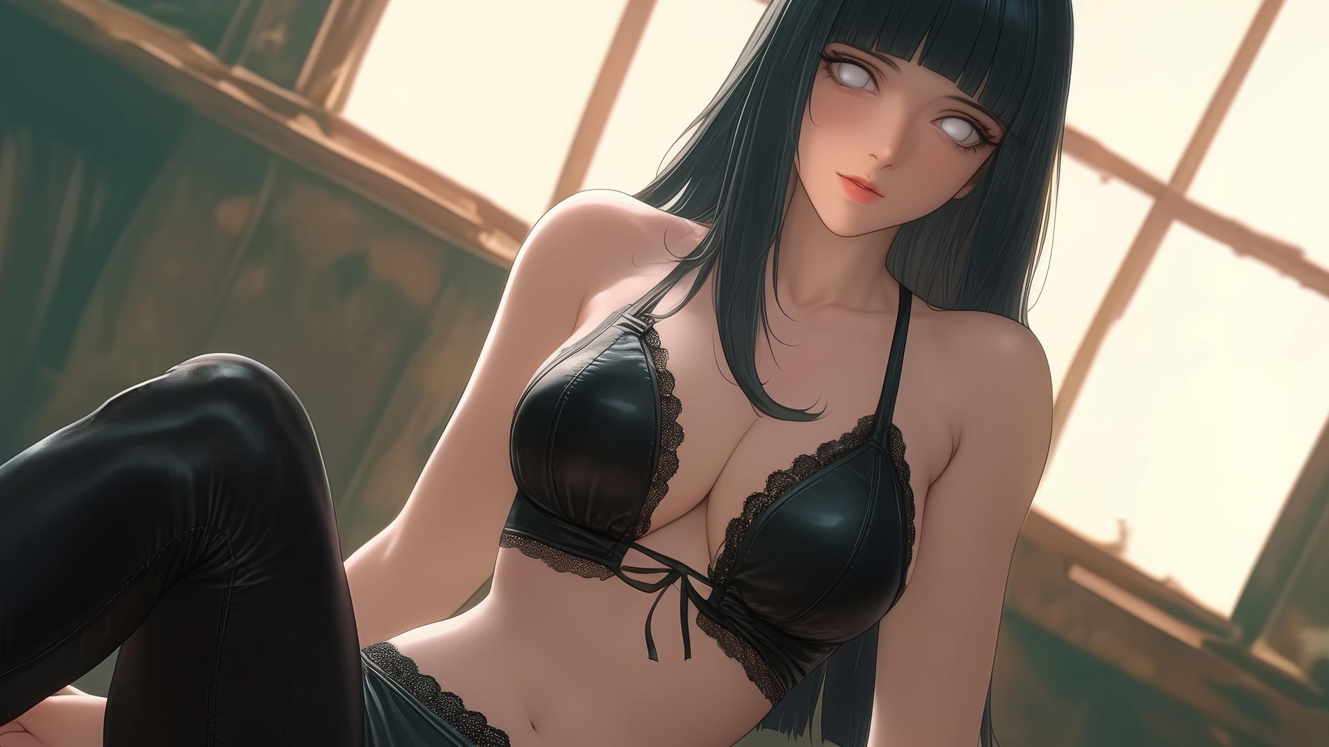 Hinata Hyuga kneeling and leaning forward, white eyes, soft warm light