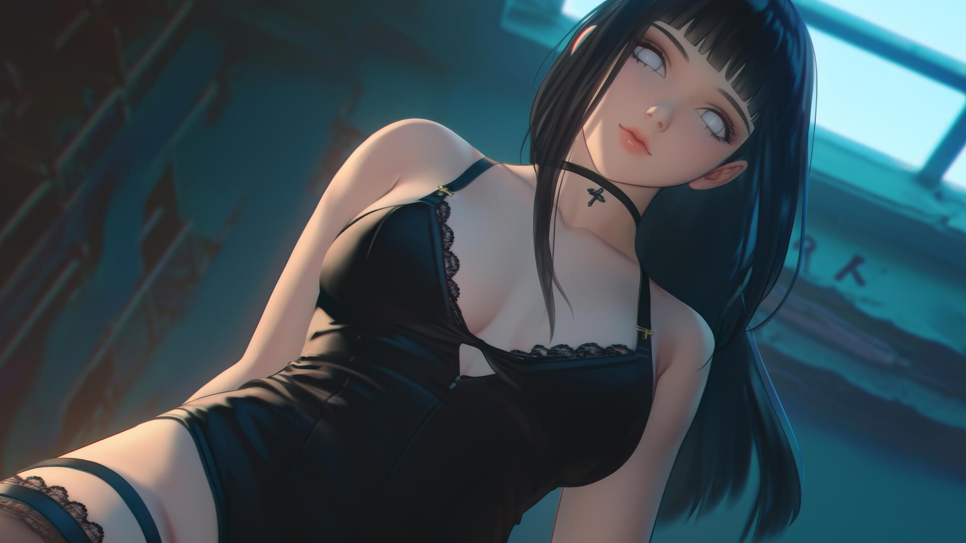 Hinata Hyuga kneeling and leaning forward with white eyes, under warm light
