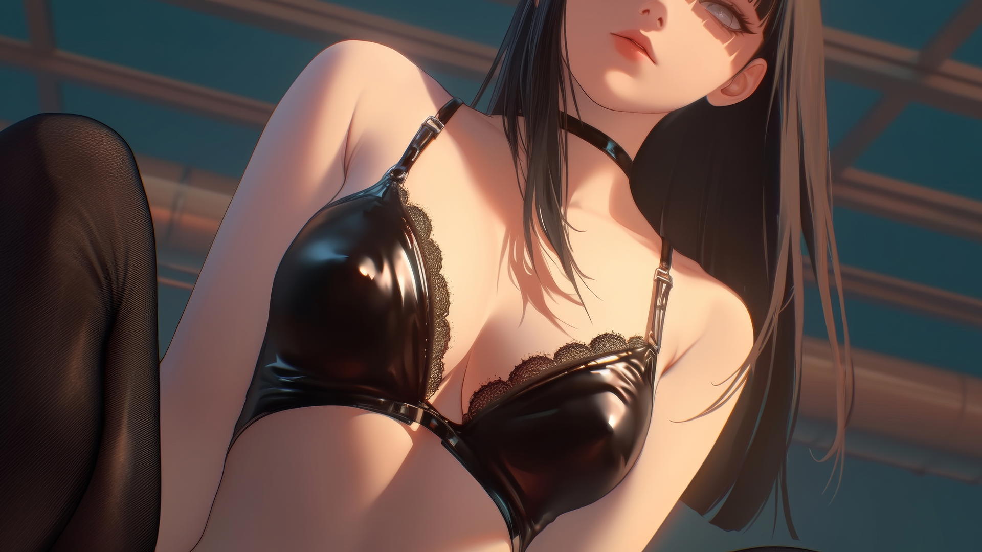 Hinata Hyuga from Naruto kneeling, looking down, with white eyes and warm light