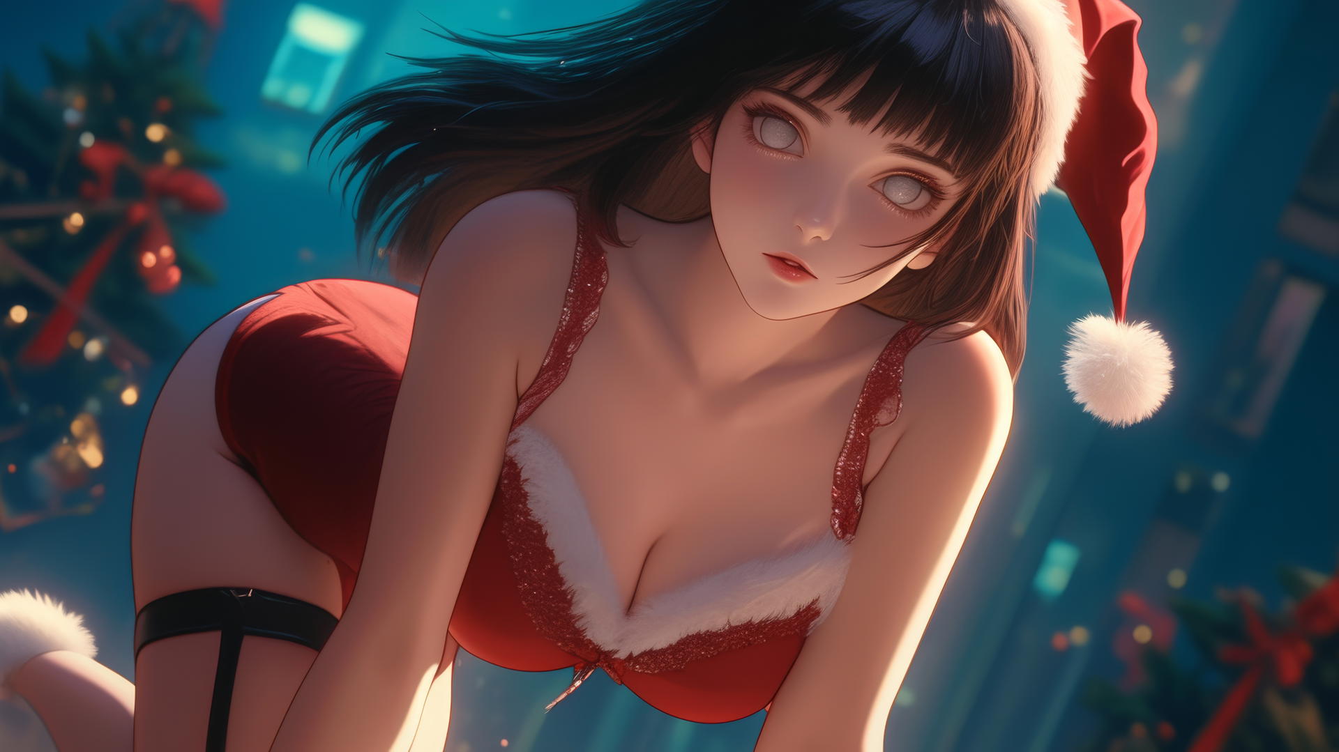 Hinata Hyuga in Christmas red, kneeling with white eyes, warm light glow.