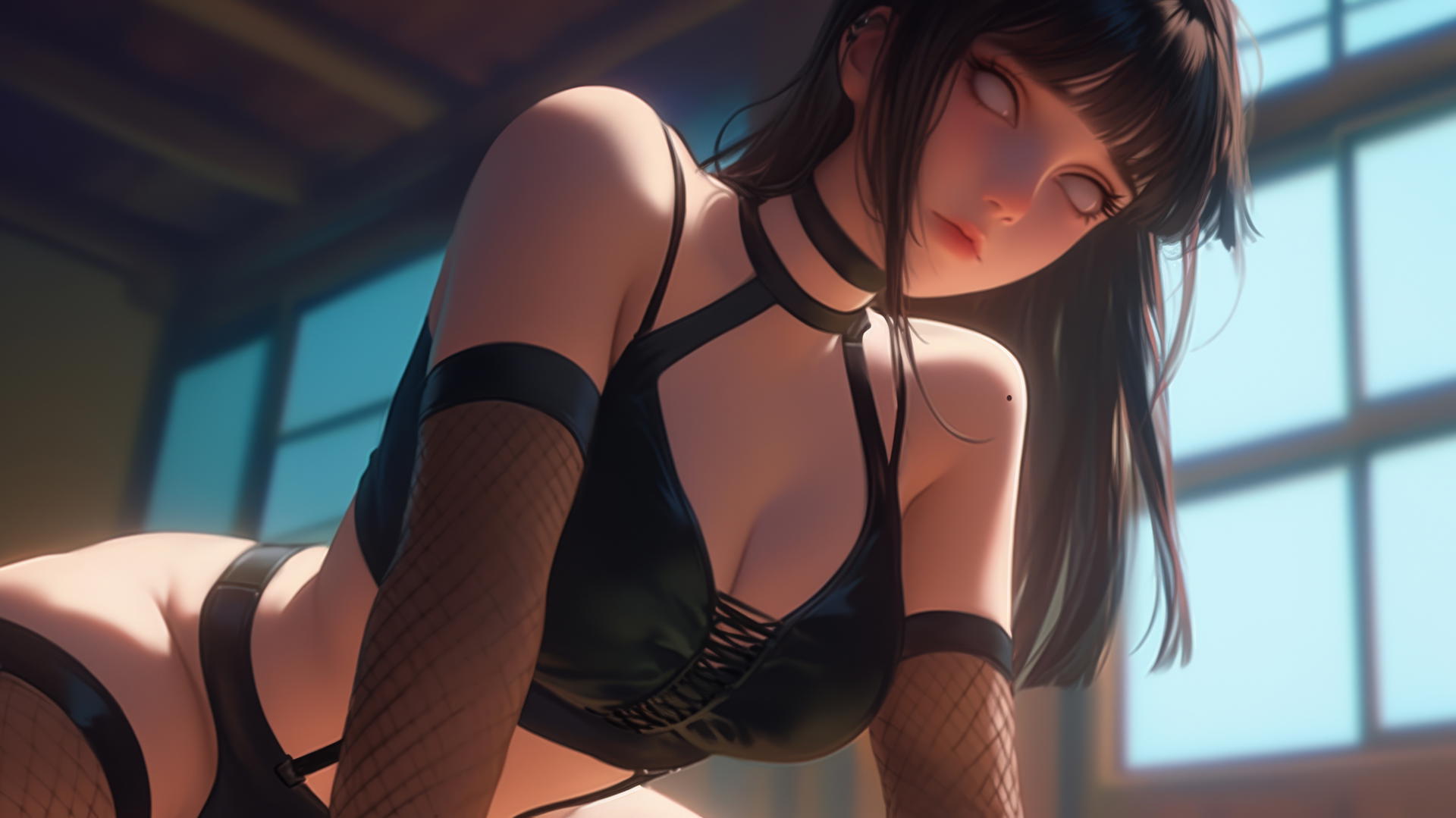 Hinata Hyuga kneeling and leaning, viewed from below with white eyes, warm light glow