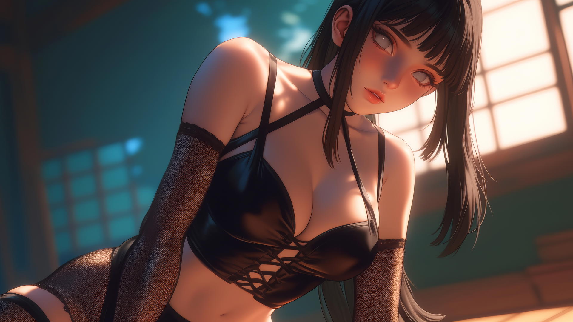 Hinata Hyuga kneeling and leaning forward with a soft glow highlighting her muscular figure.