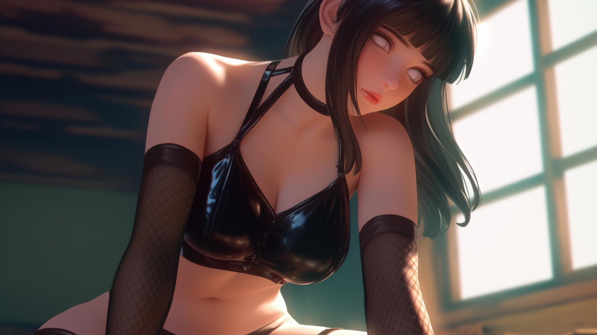 Hinata Hyuga kneeling and leaning forward with white eyes, viewed from below.