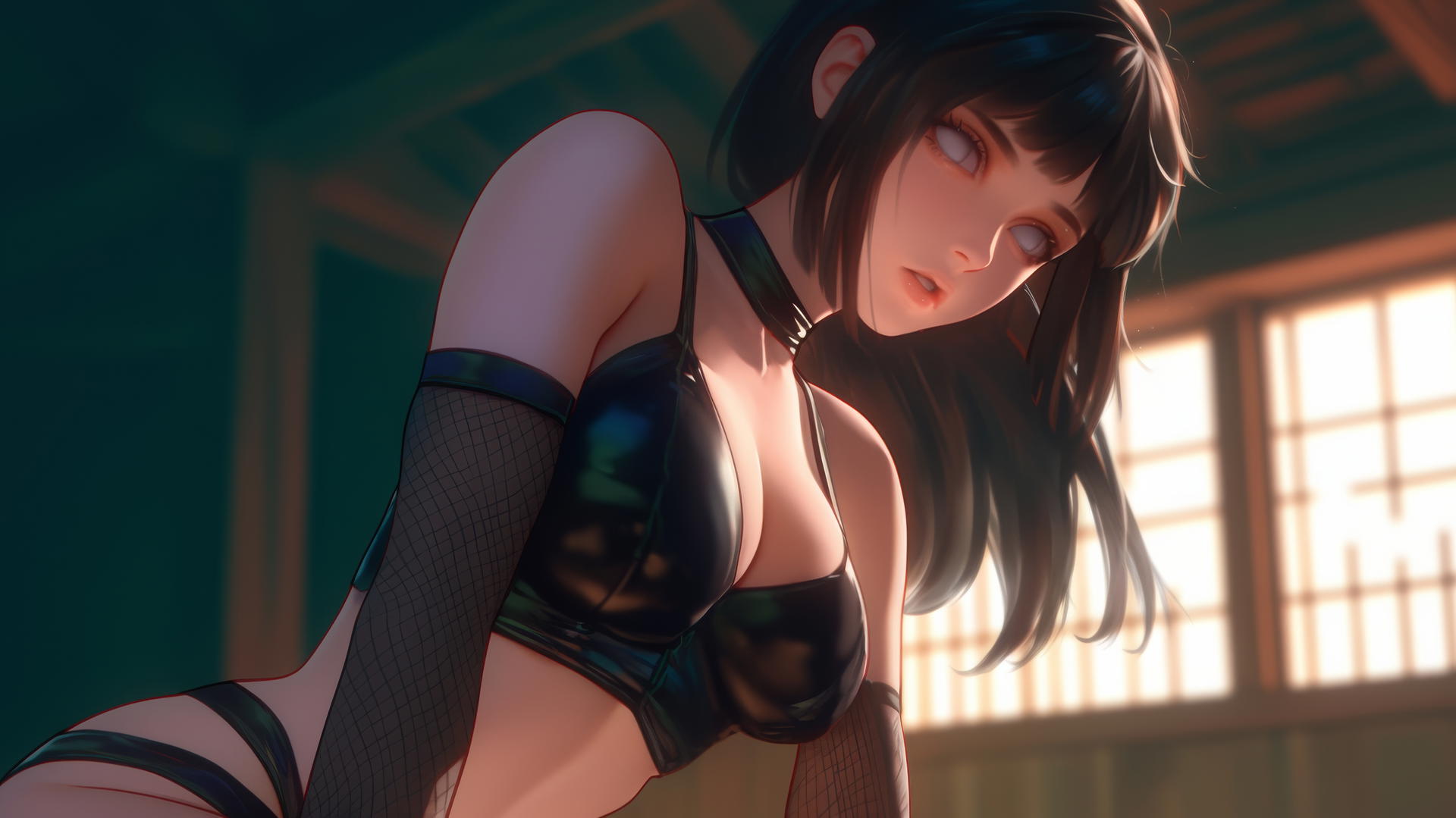 Hinata Hyuga in leather kneeling with warm glow and white eyes