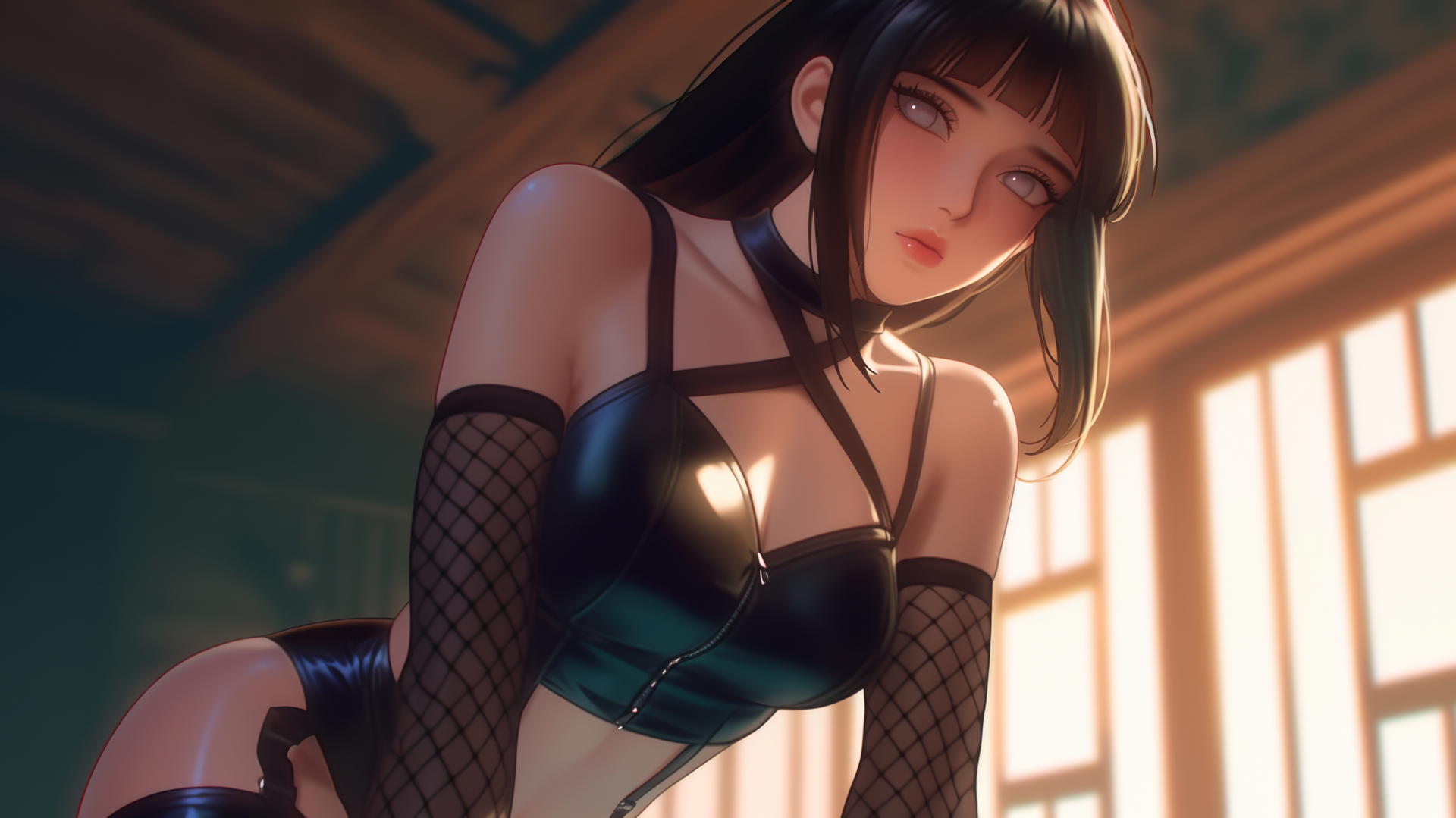 Hinata Hyuga kneeling and leaning with white eyes, seen from below, ceiling background
