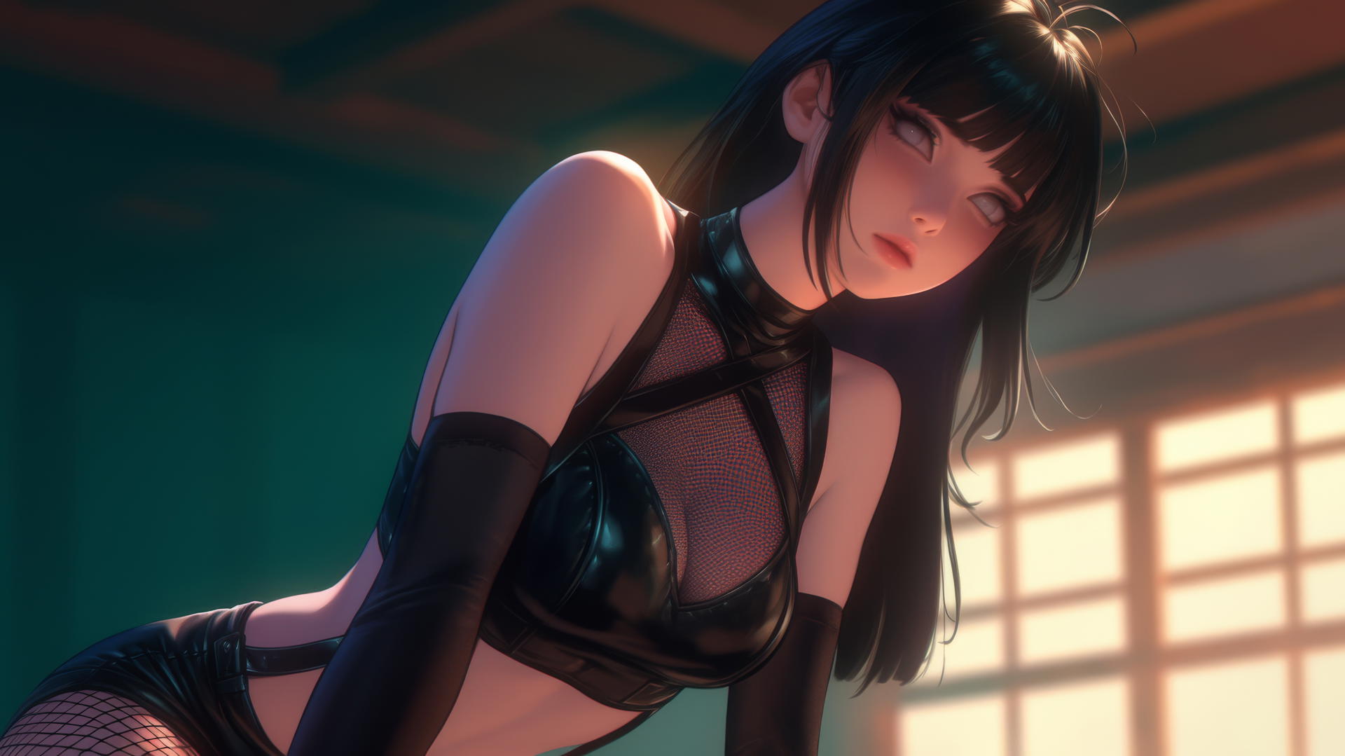 Hinata Hyuga kneeling and leaning with white eyes, warm light, ceiling background