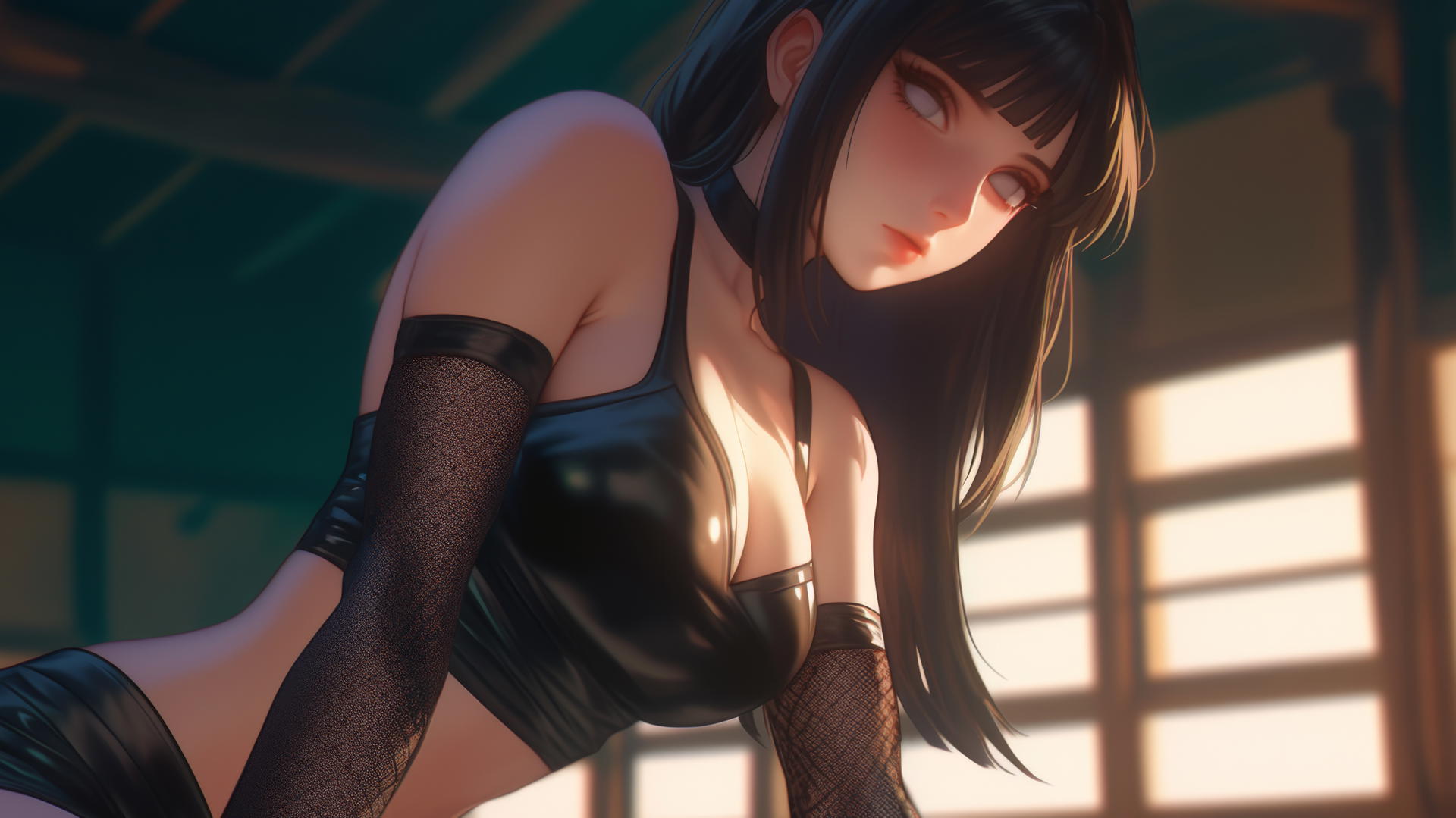 Hinata Hyuga from Naruto kneeling and leaning toward viewer with white eyes, under warm light.