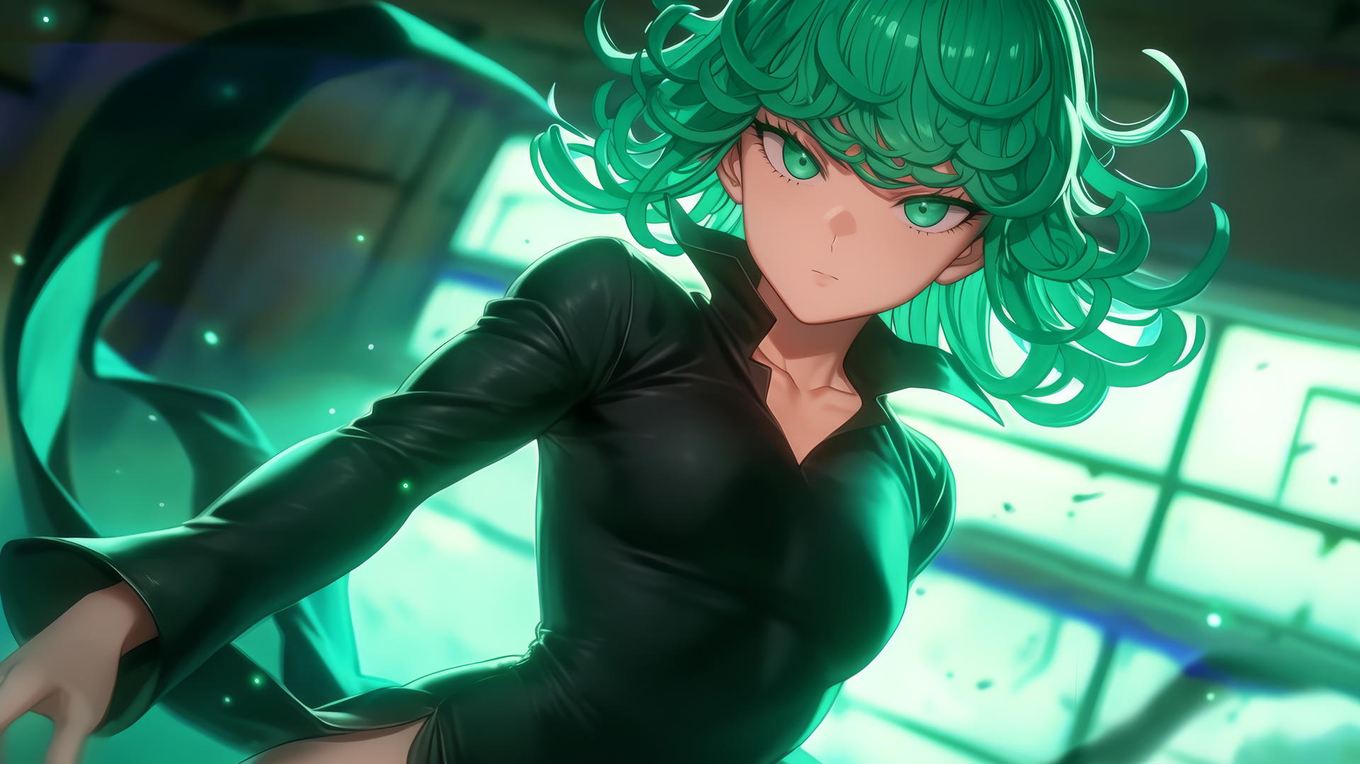 Tatsumaki from One-Punch Man kneeling and leaning forward with green hair and eyes, seen from below.