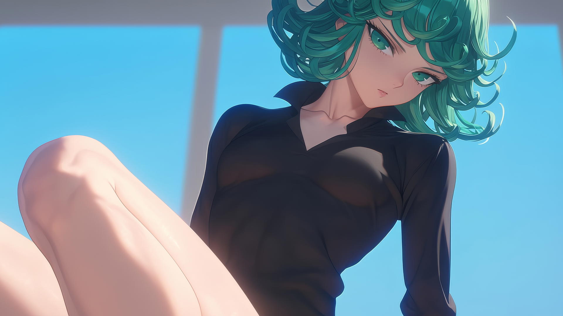 Tatsumaki from One-Punch Man kneeling and leaning with emerald green hair, warm glow
