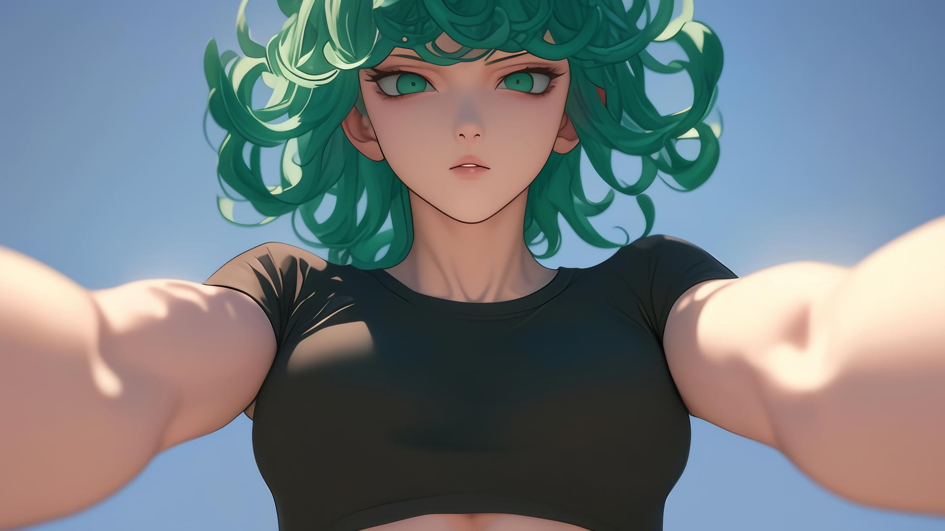 Tatsumaki kneeling and leaning forward with emerald green eyes and hair, warm light, ceiling background.