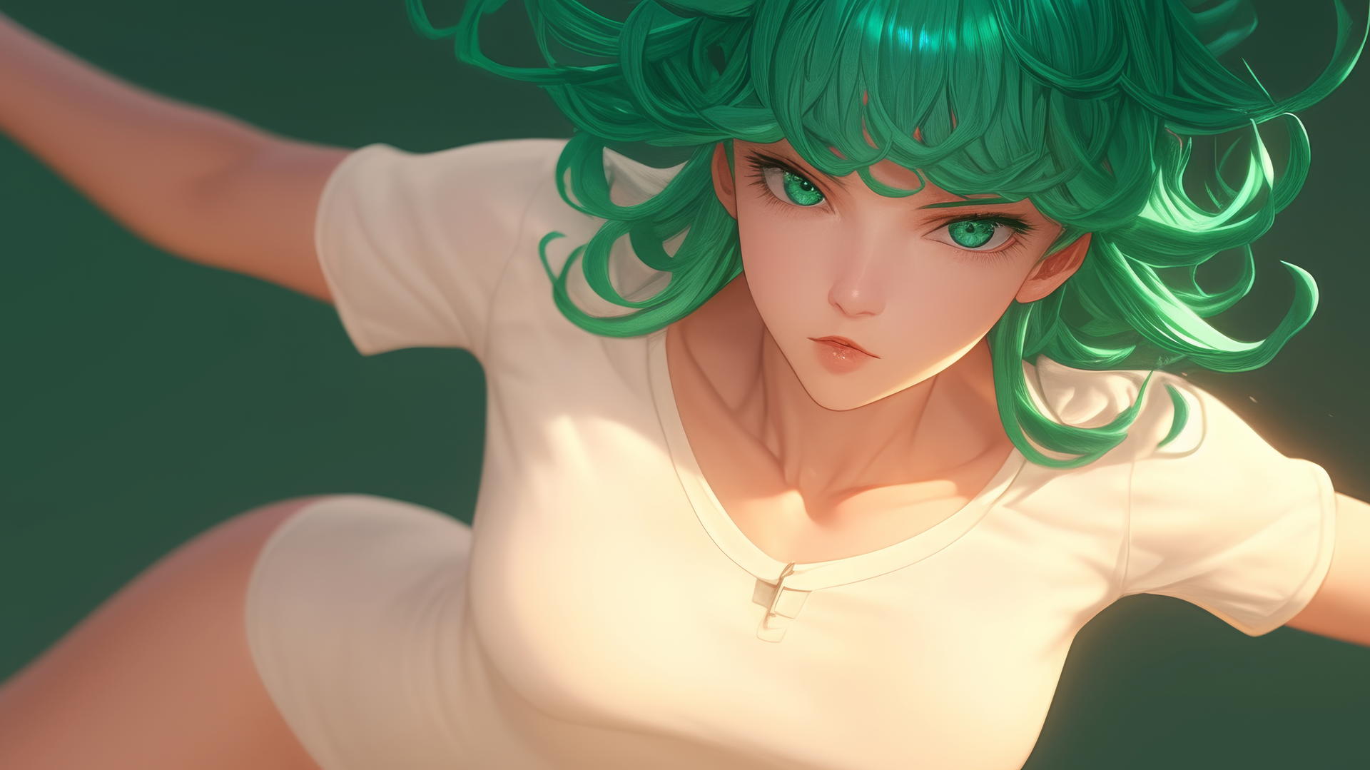 Tatsumaki from One-Punch Man kneeling, leaning, with emerald eyes and hair, ceiling background