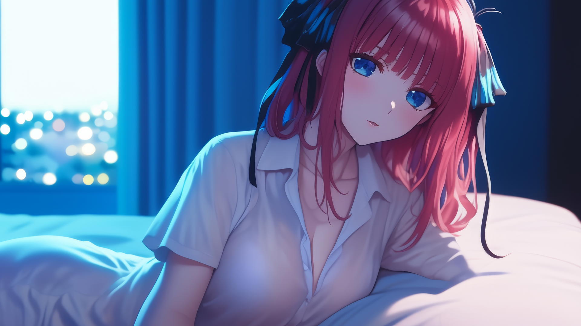 Nino Nakano wearing a JK uniform, resting in a modern hotel room with moonlight.