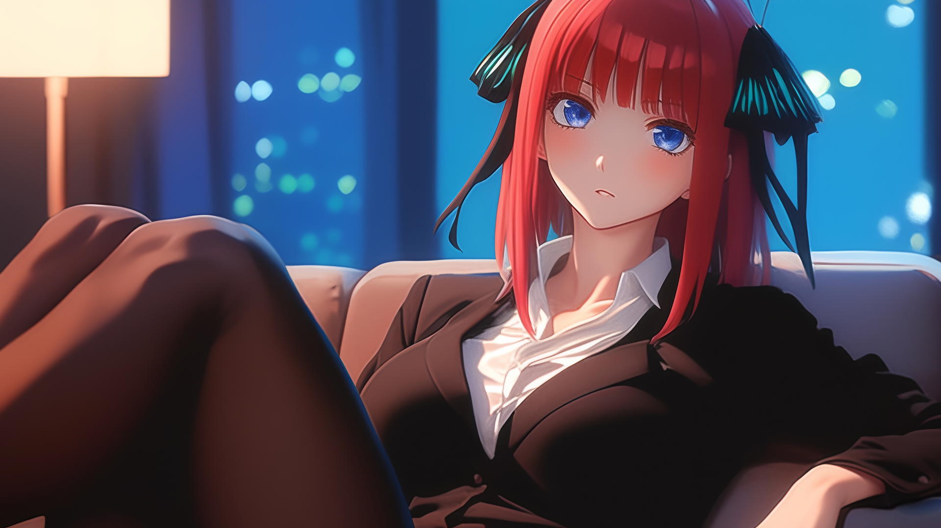 Nino Nakano in a jk uniform rests in a modern hotel room, moonlight softly illuminating her.