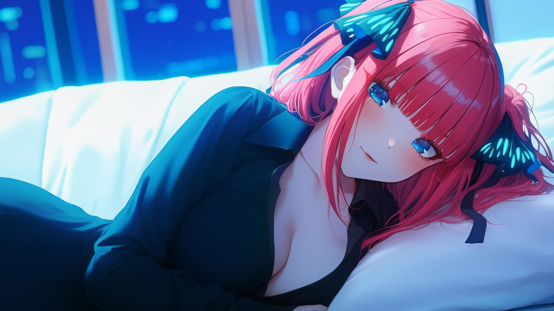 Nino Nakano in JK uniform resting at a modern hotel room, illuminated by moonlight.