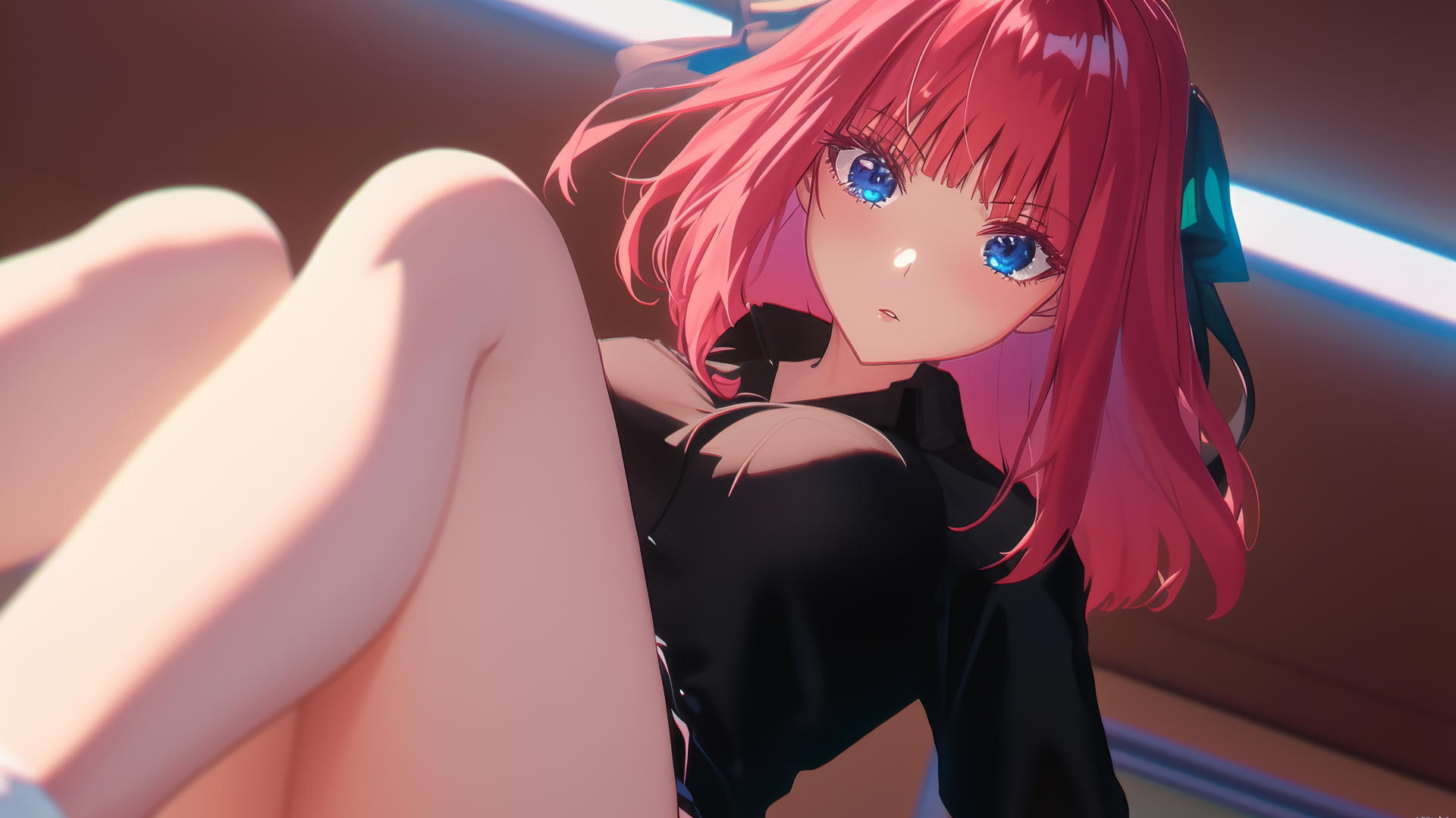 Nino Nakano kneeling in JK uniform, leaning downward with dark blue eyes, reddish pink hair, warm light and ceiling background.
