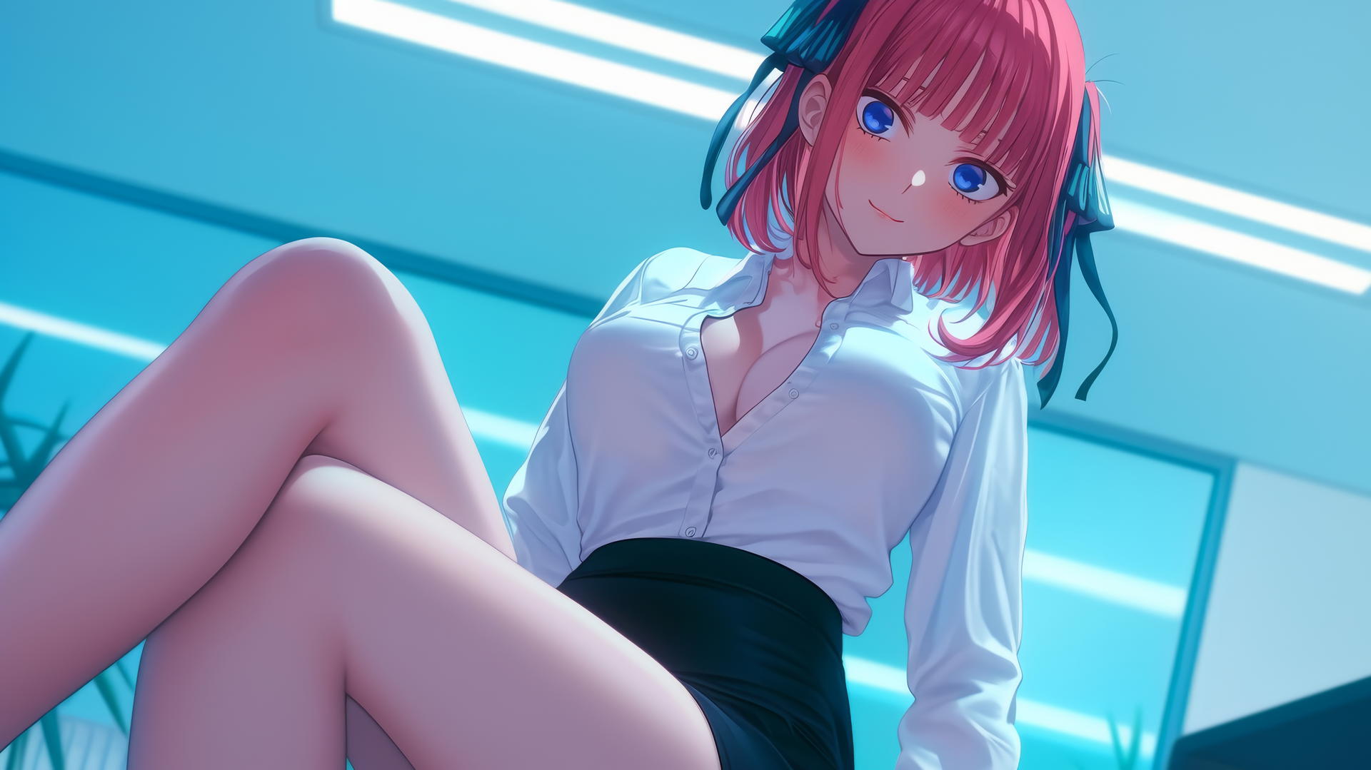 Nino Nakano with reddish pink hair kneeling and leaning forward, viewed from below.