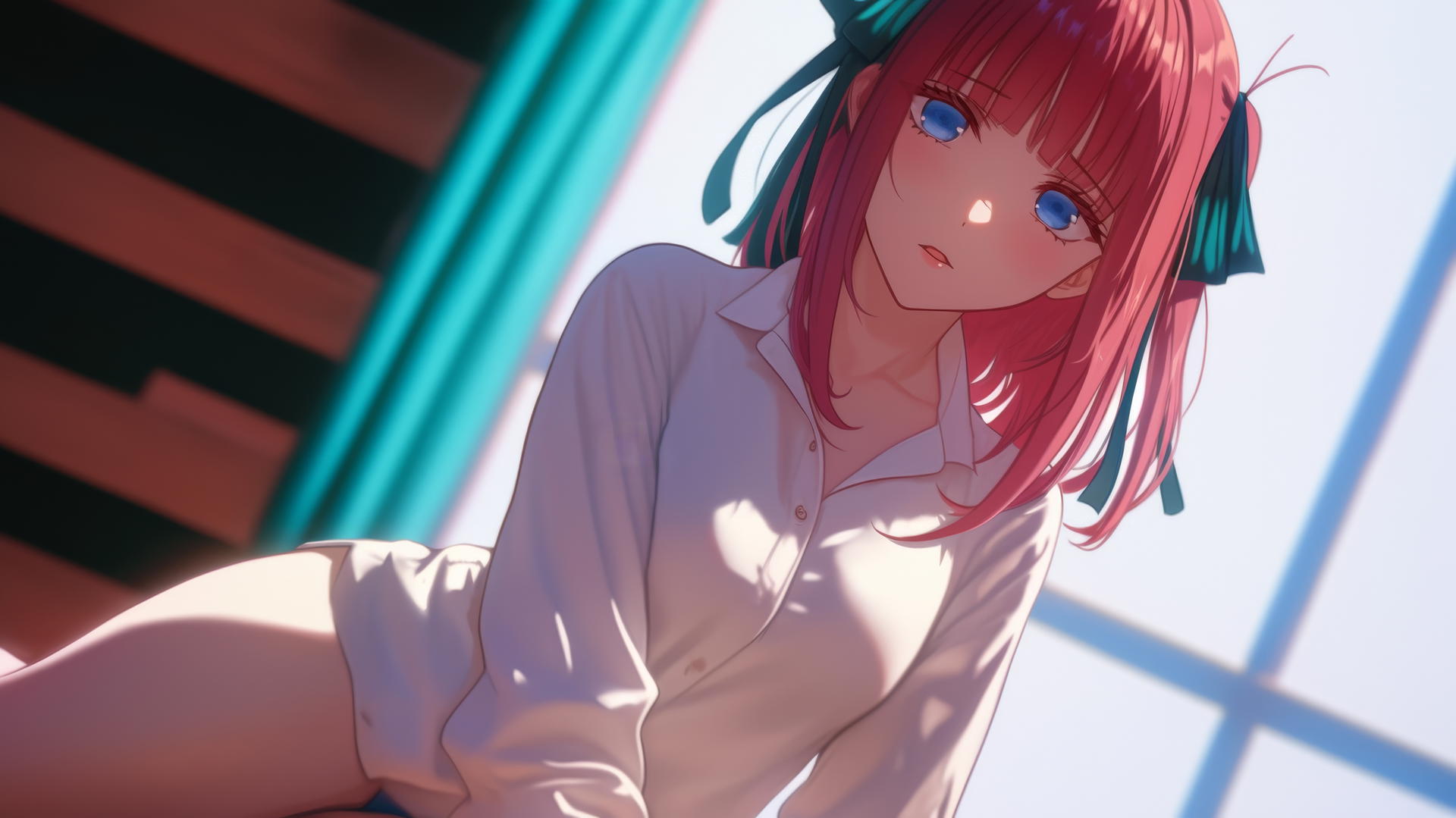 Nino Nakano kneeling, leaning forward with dark blue eyes and reddish-pink hair, soft warm light.