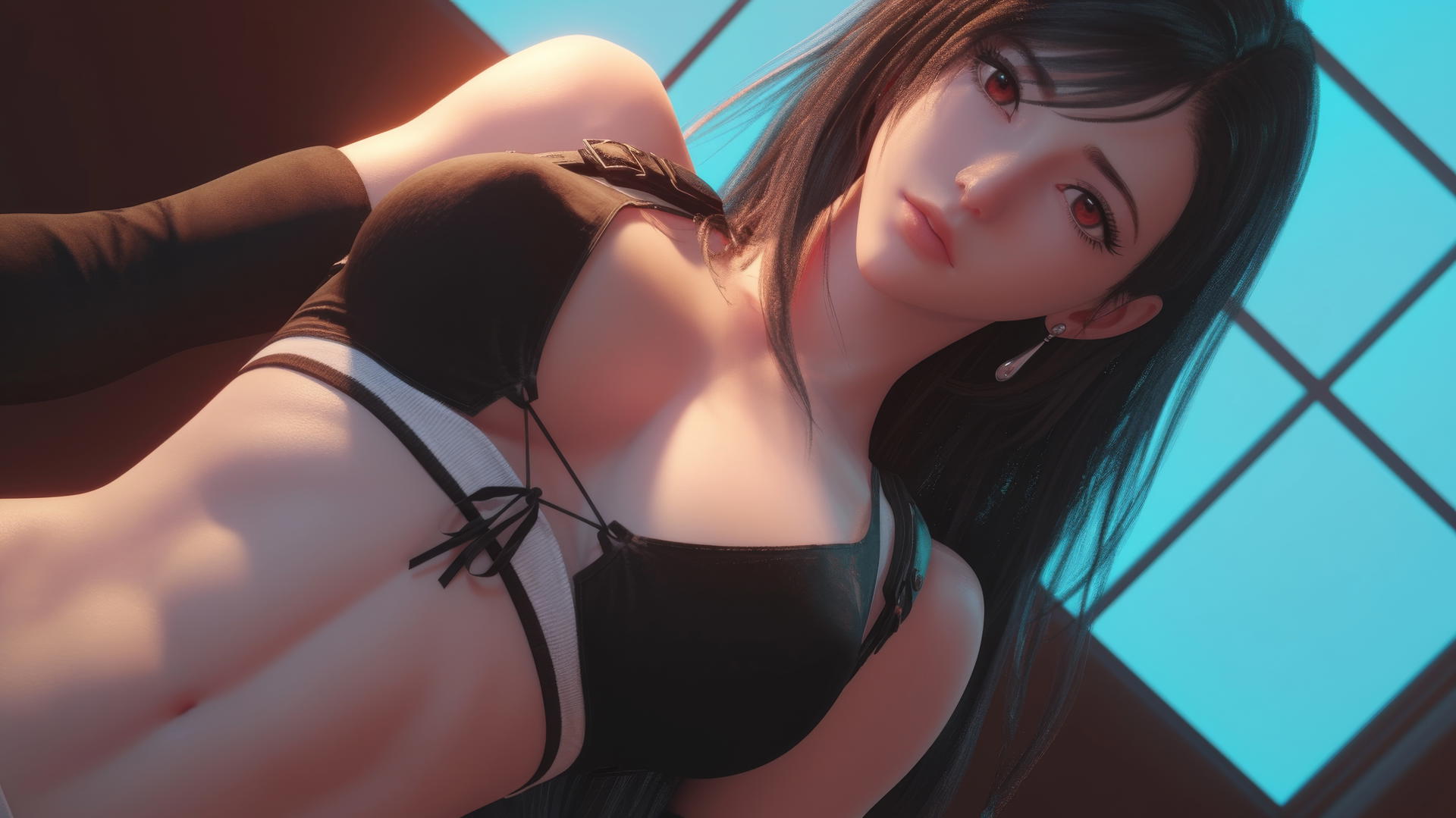 Tifa Lockhart kneeling and leaning forward, seen from below, with a ceiling background.