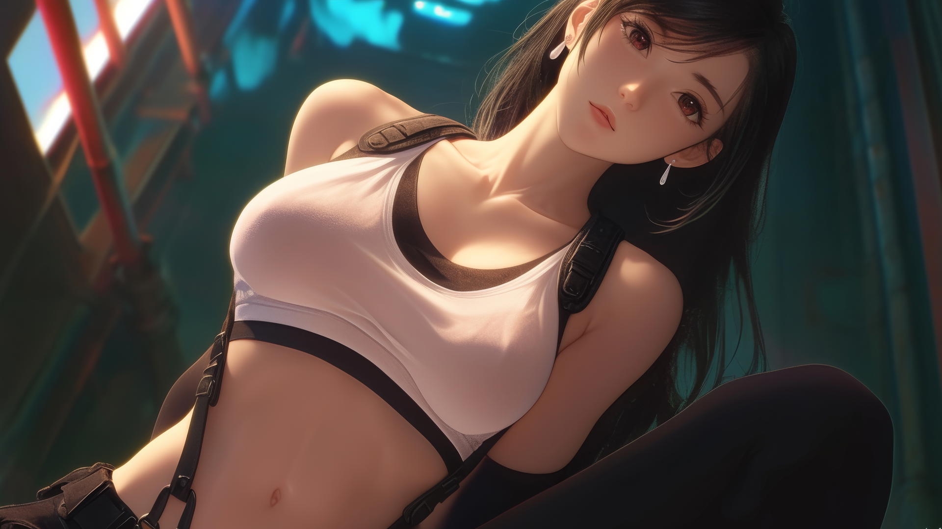 Tifa Lockhart kneeling and leaning, seen from below, with warm light and ceiling background