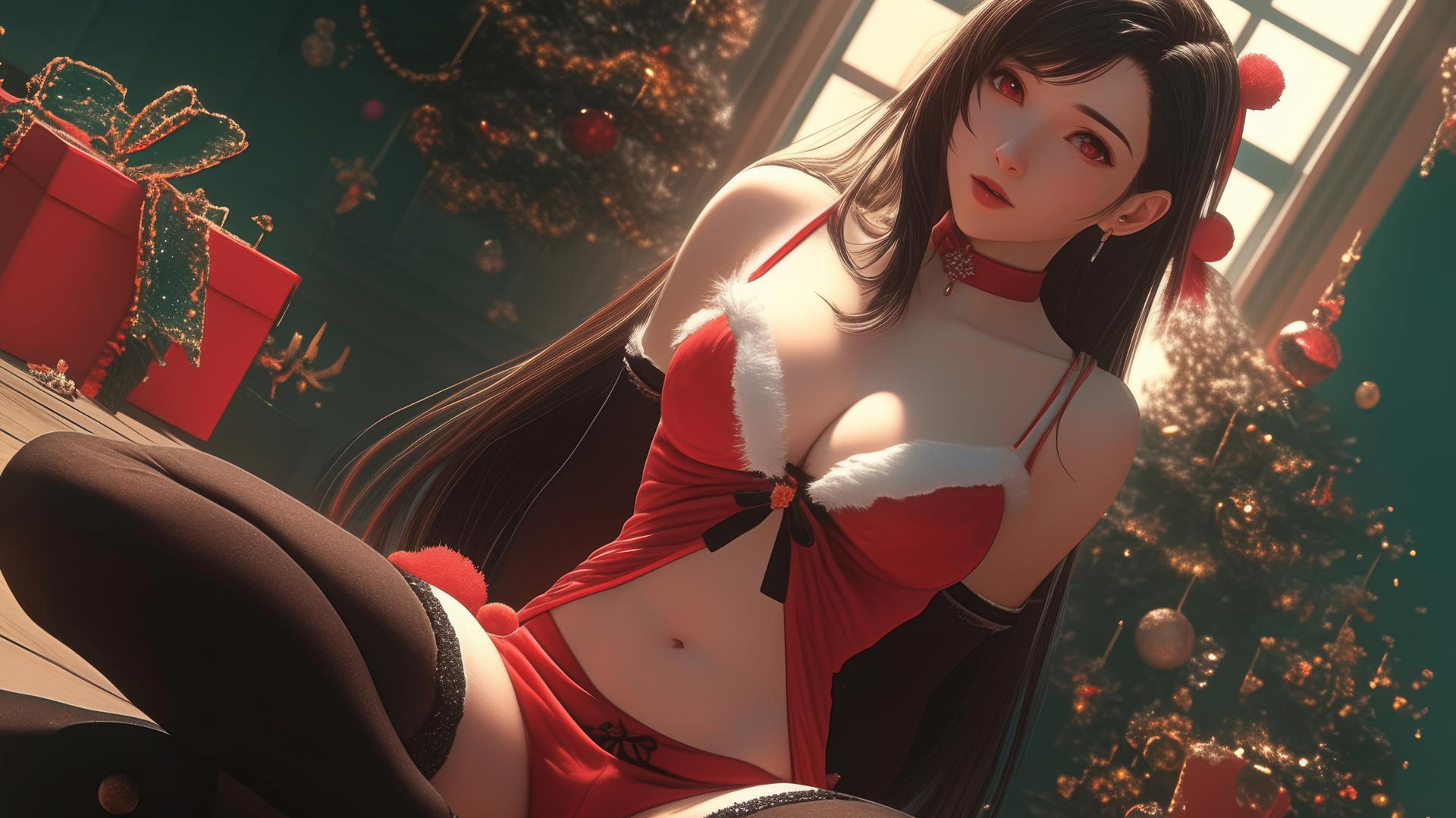 Tifa Lockhart in Christmas attire kneeling, viewed from below, with warm lighting.