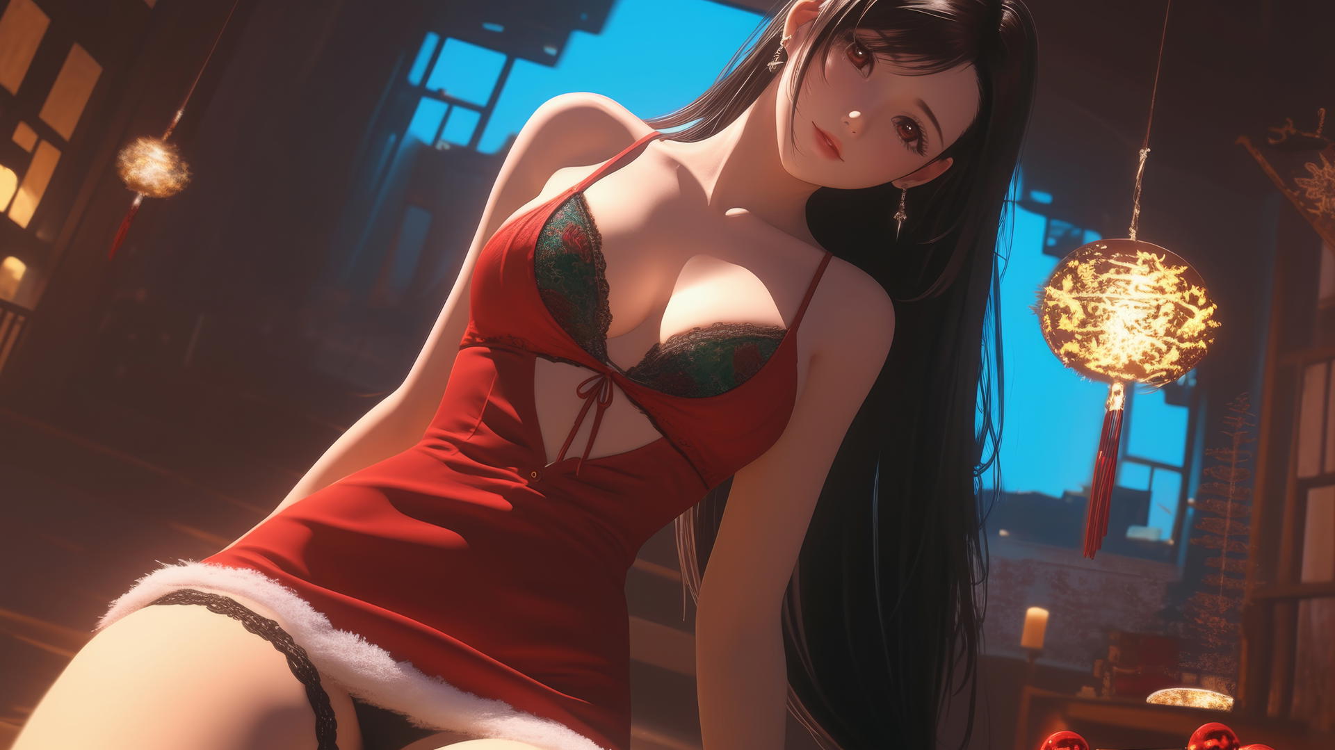 Tifa Lockhart in Christmas outfit leaning forward under warm light