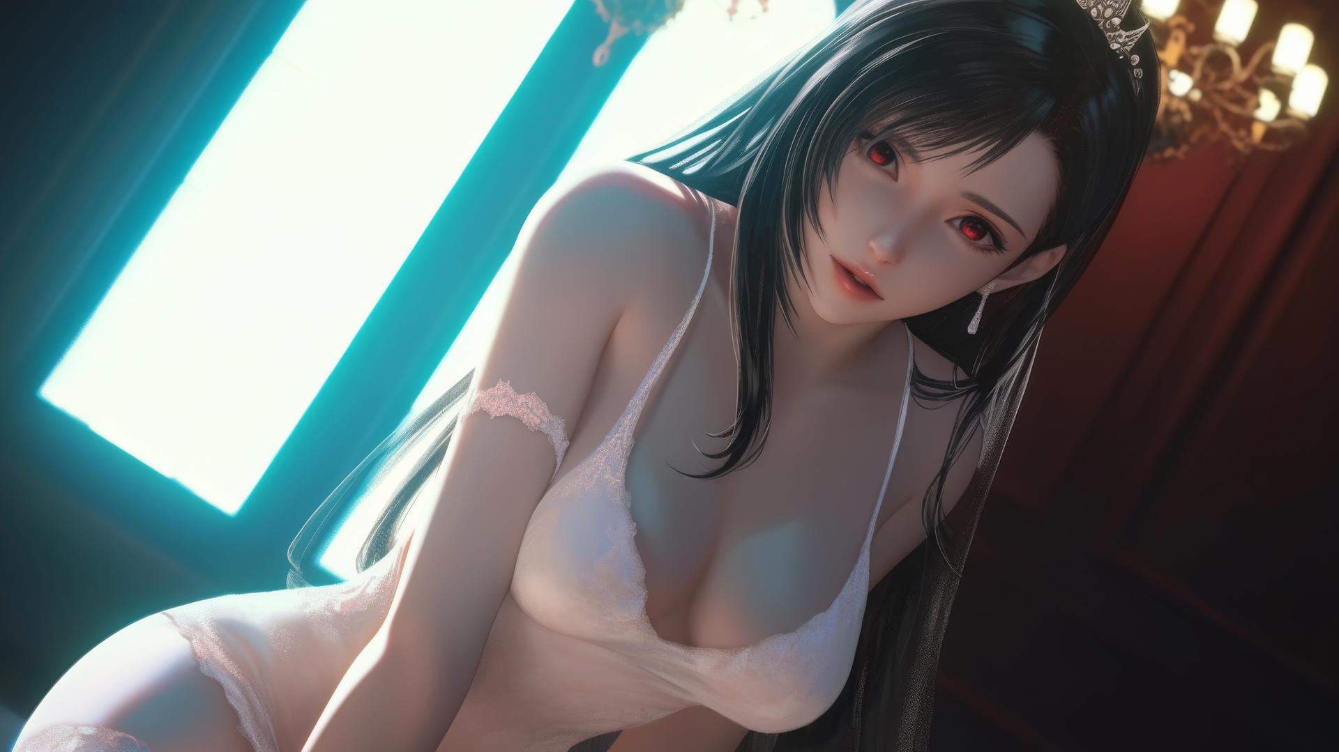 Tifa Lockhart in a wedding dress kneeling, looking down, ceiling as background.