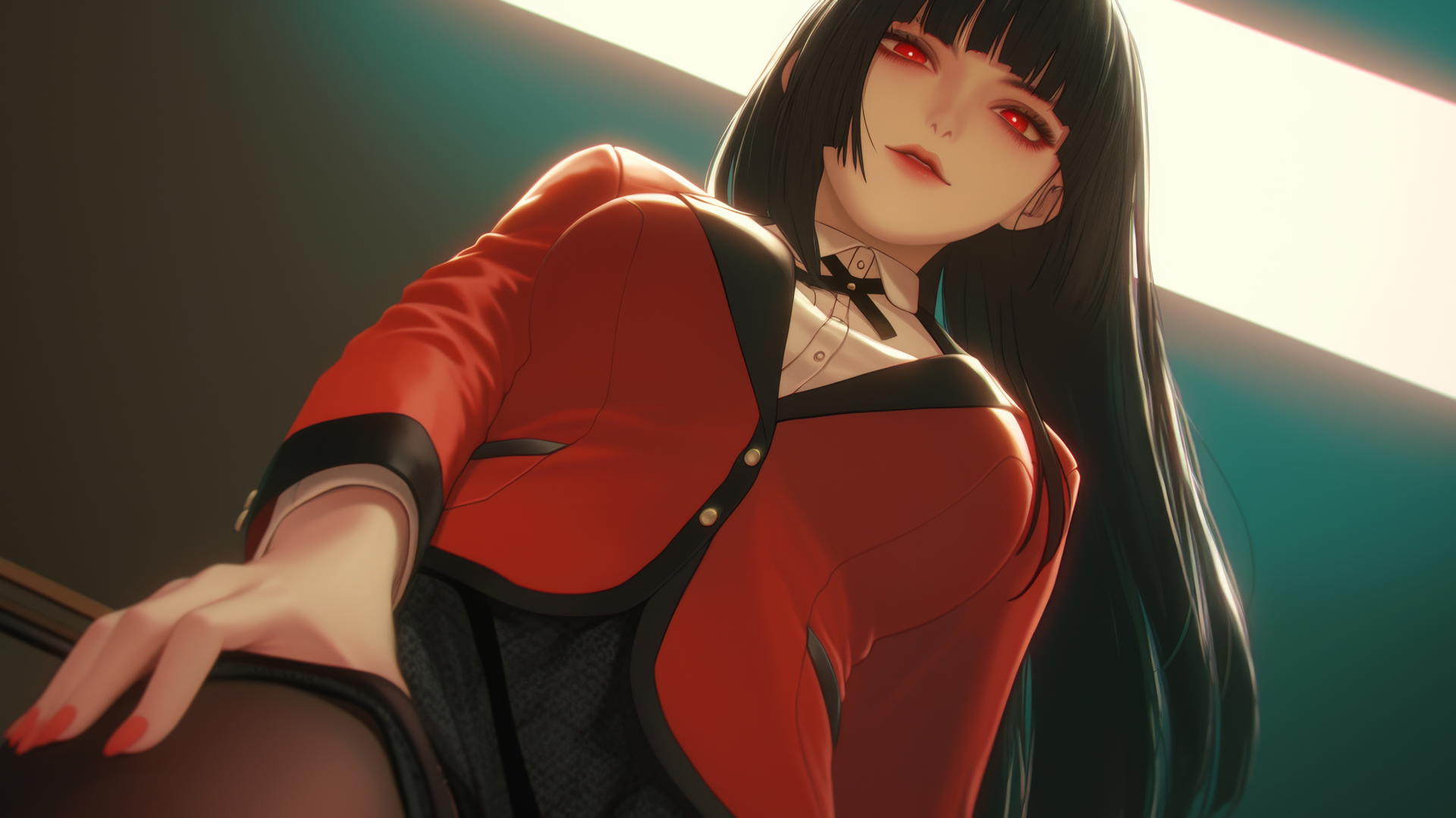 Yumeko Jabami kneeling and leaning toward the viewer with warm light and ceiling background