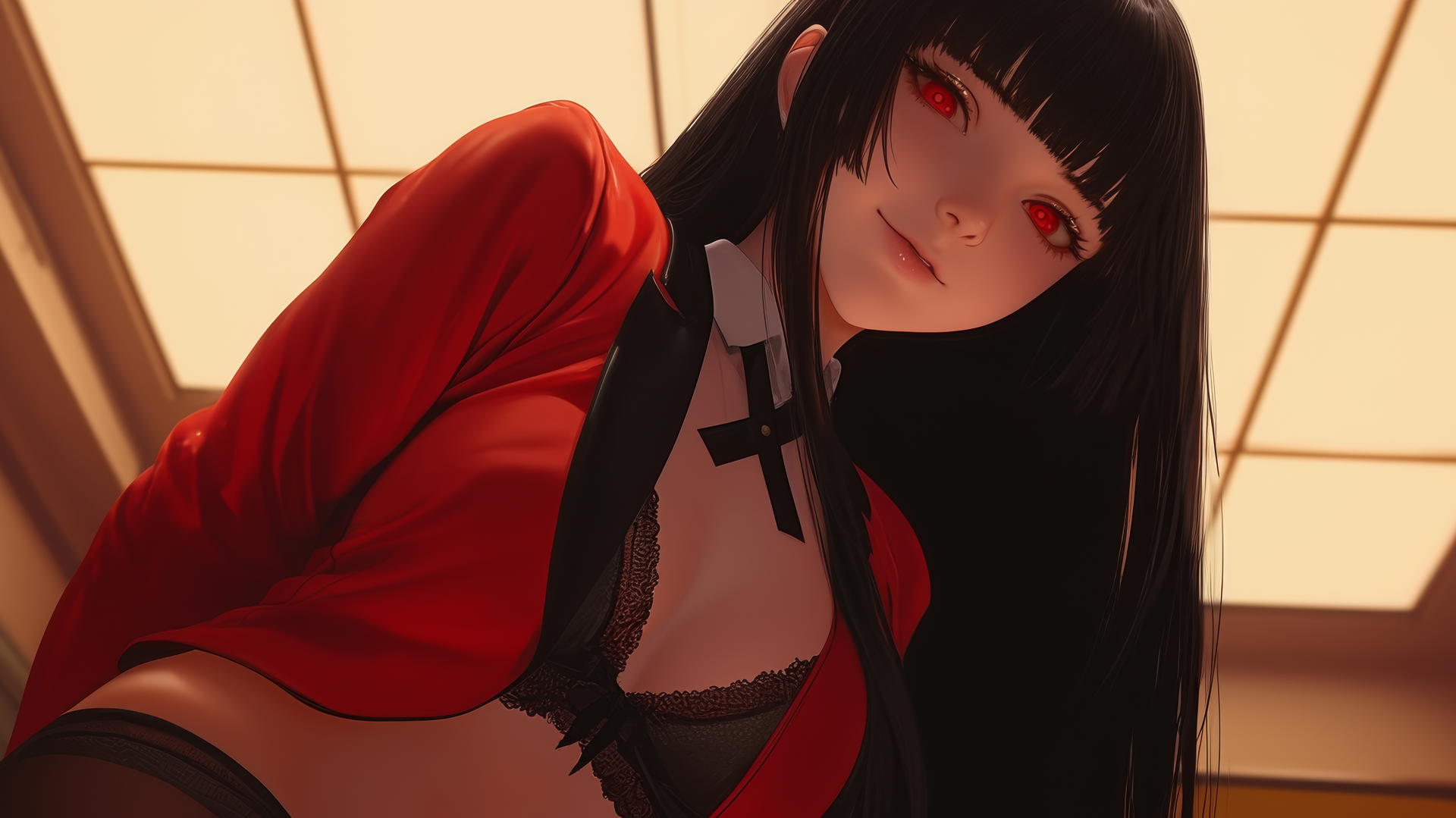 Yumeko Jabami kneeling with red eyes and hime-cut hair, under warm light.