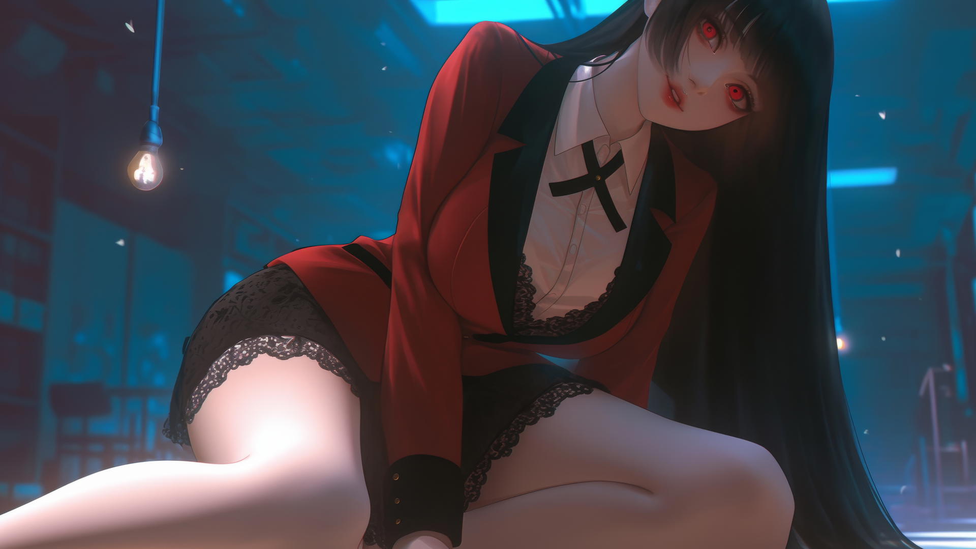 Kneeling Yumeko Jabami from Kakegurui, viewed from below with hime-cut hair and red eyes, in warm light.