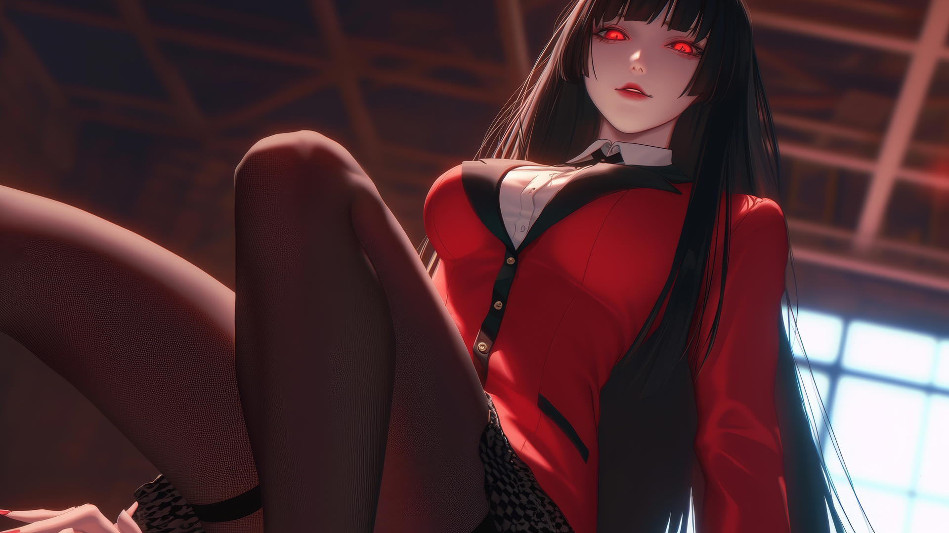 Yumeko Jabami from Kakegurui, kneeling and leaning, with long hime-cut black hair and red eyes.