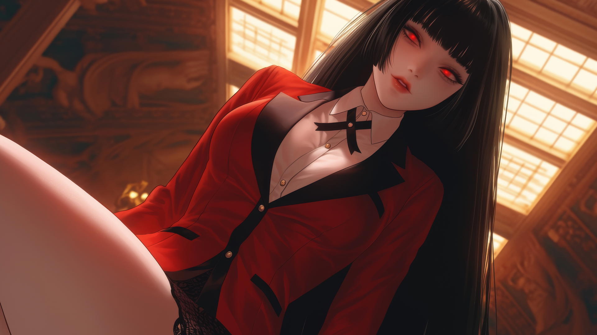 Yumeko Jabami from Kakegurui kneeling and leaning forward, seen from below, with a soft glow.
