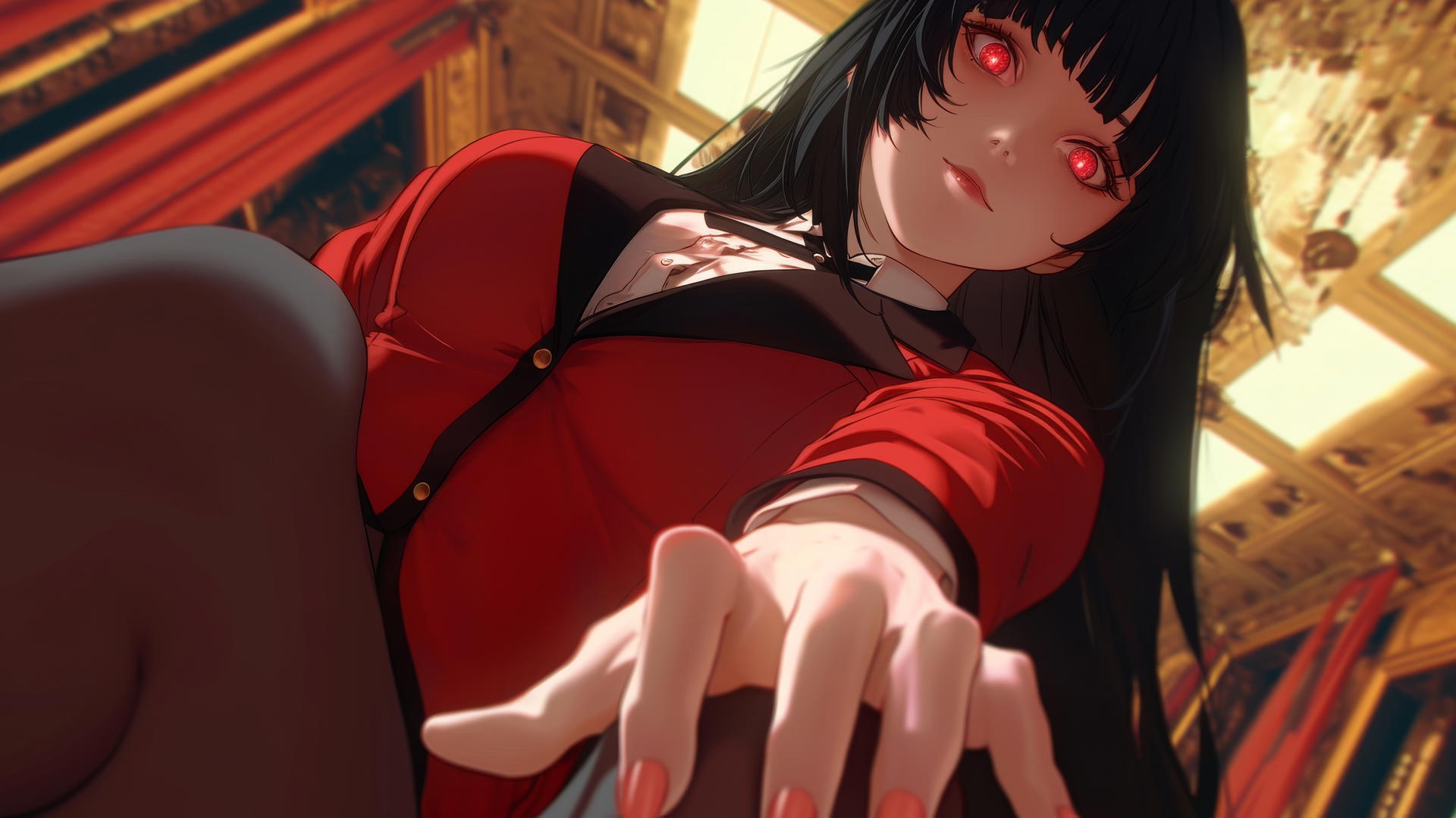 Yumeko Jabami from Kakegurui kneeling and leaning forward with red eyes.