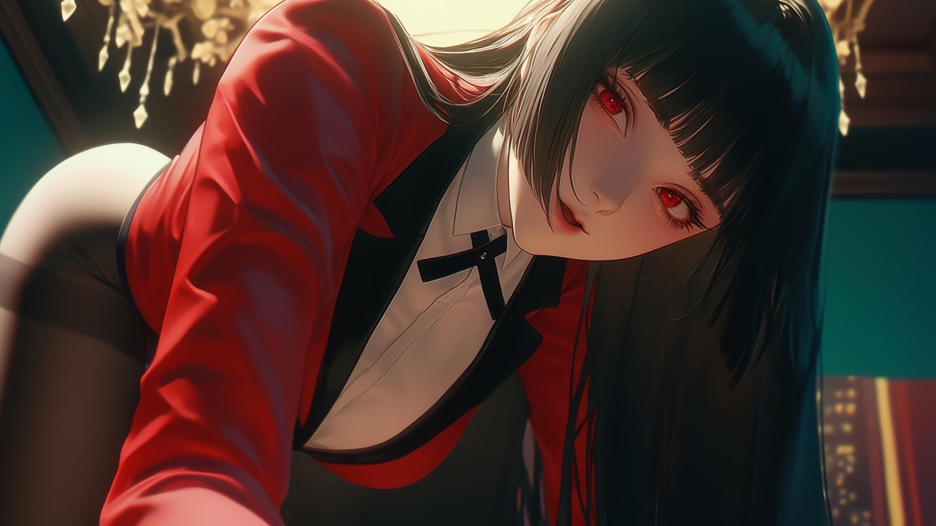 Yumeko Jabami kneeling and leaning forward with a glowing warm light