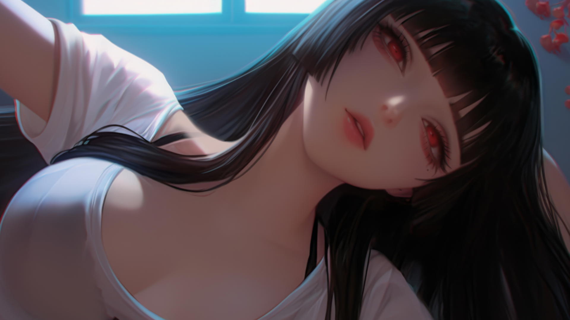 Yumeko Jabami from Kakegurui kneeling and leaning forward with red eyes and white t-shirt
