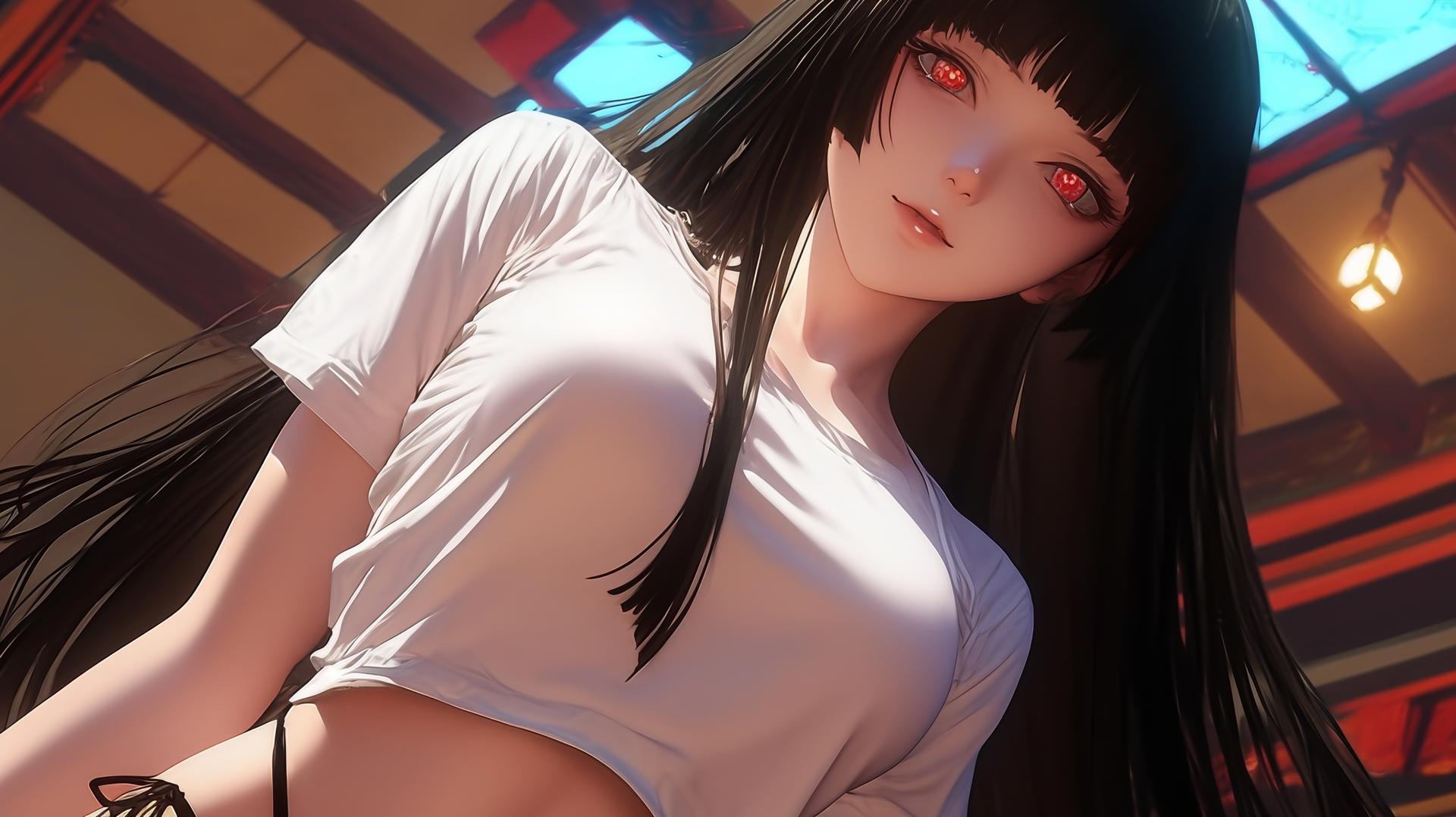 Yumeko Jabami in a white t-shirt kneeling and leaning forward with a soft warm glow.