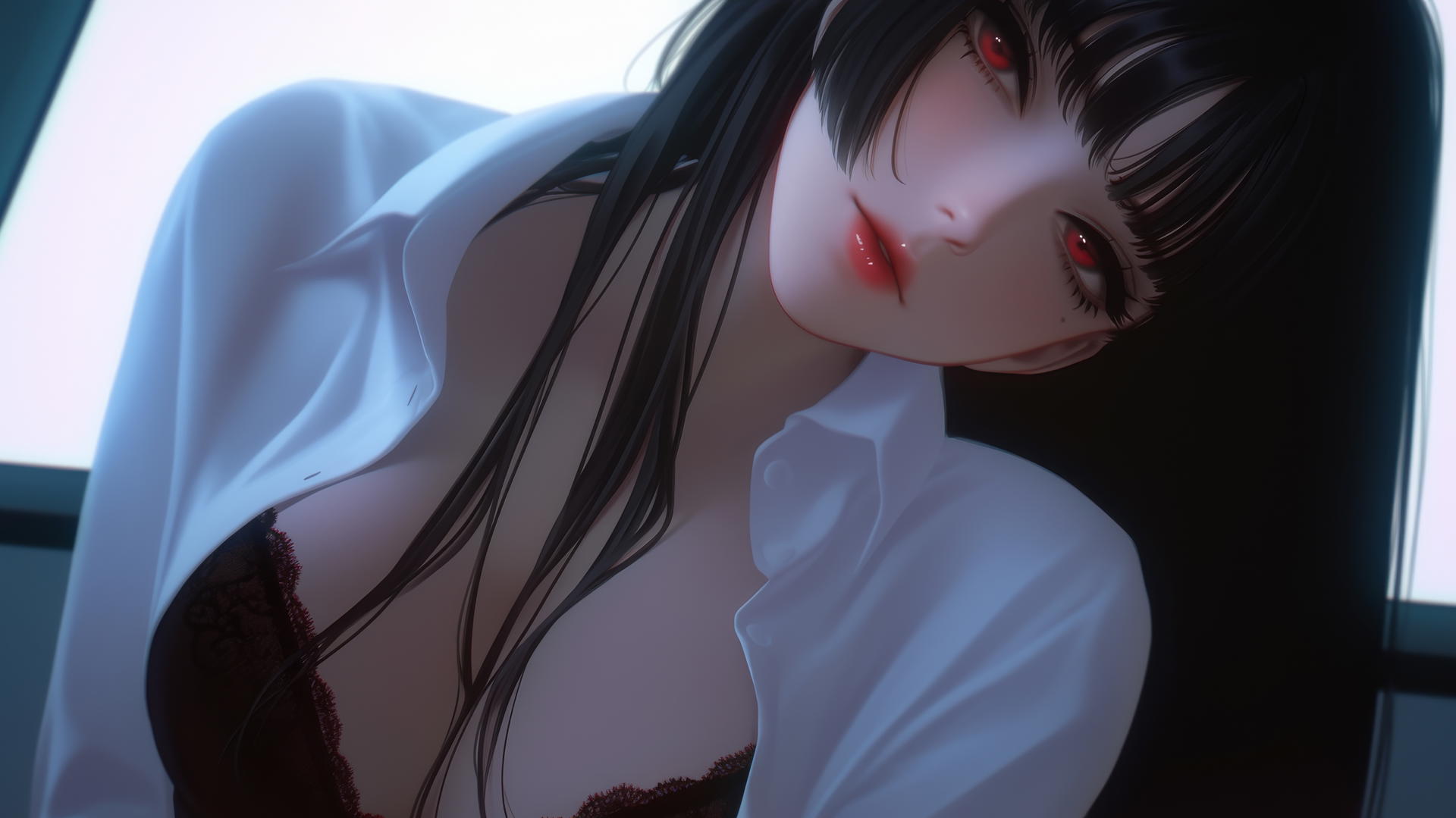 Yumeko Jabami kneeling, looking down with red eyes, warm light glow.