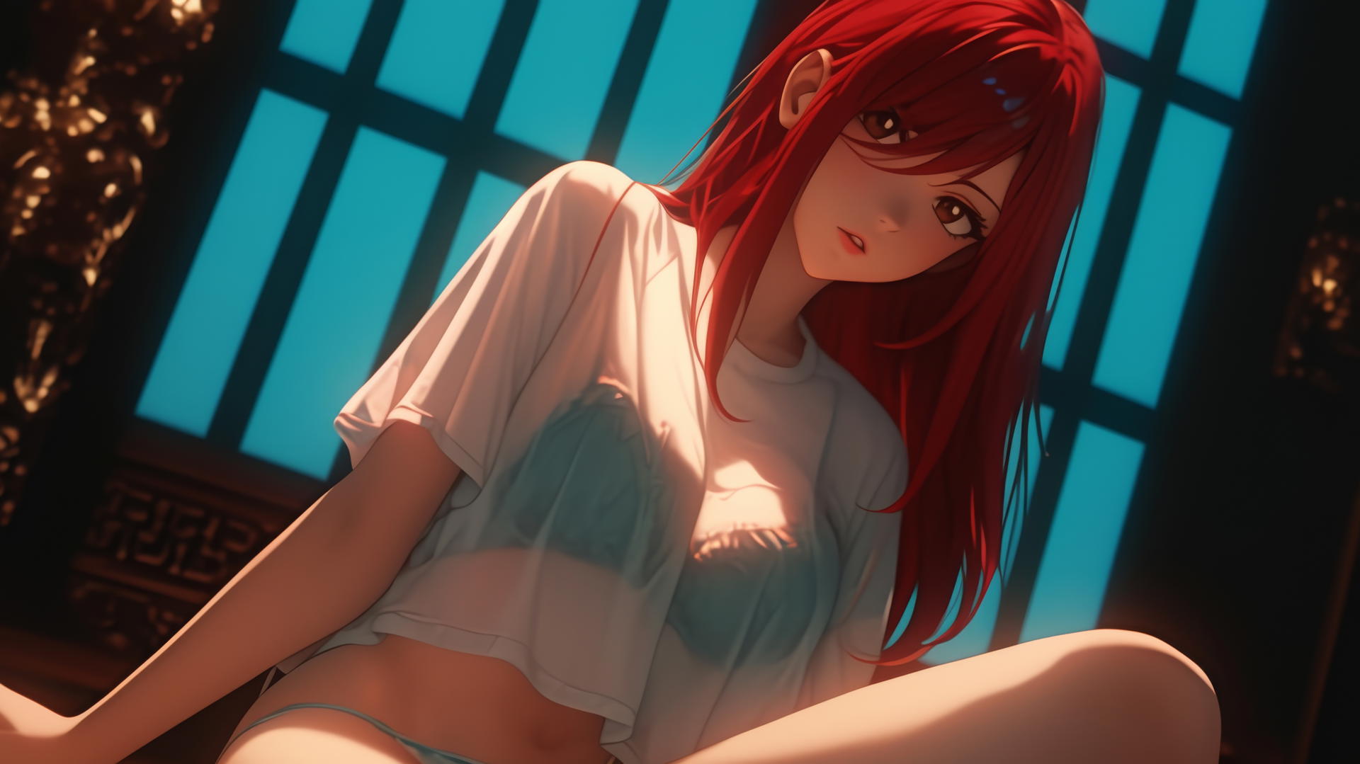 Erza Scarlet kneeling and leaning, looking straight down, seen from below, ceiling background