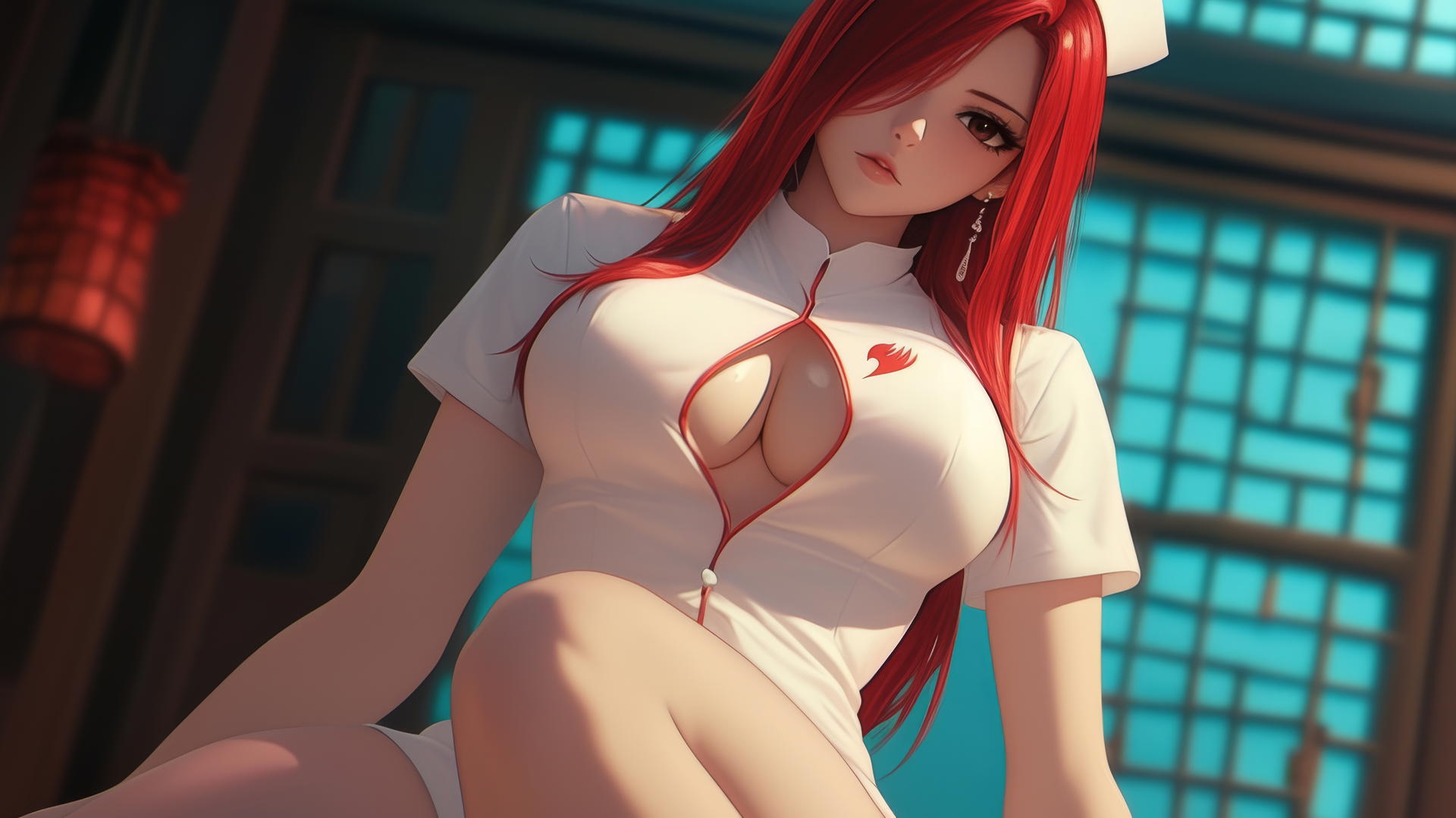 Erza Scarlet from Fairy Tail as a nurse, kneeling and leaning towards viewer with warm light