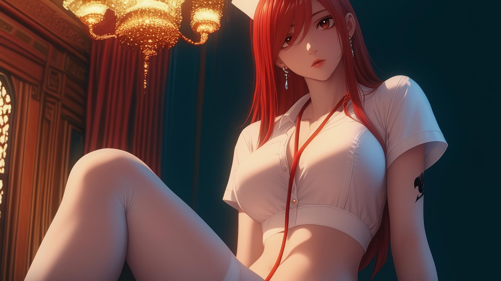 Erza Scarlet from Fairy Tail as a nurse, leaning and looking down, warm light, ceiling background.