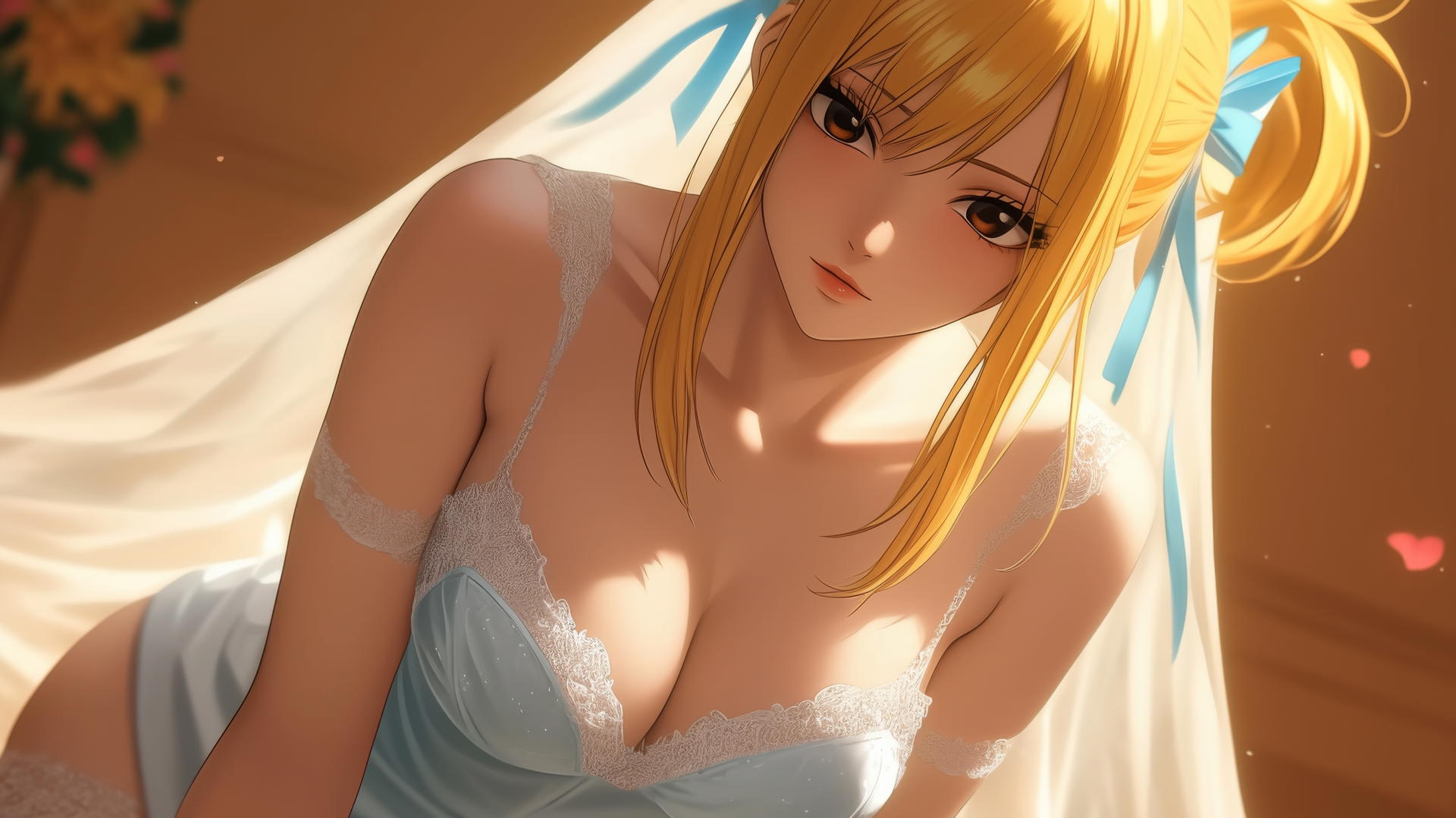 Lucy Heartfilia in wedding dress kneeling, looking down, warm light, ceiling background.