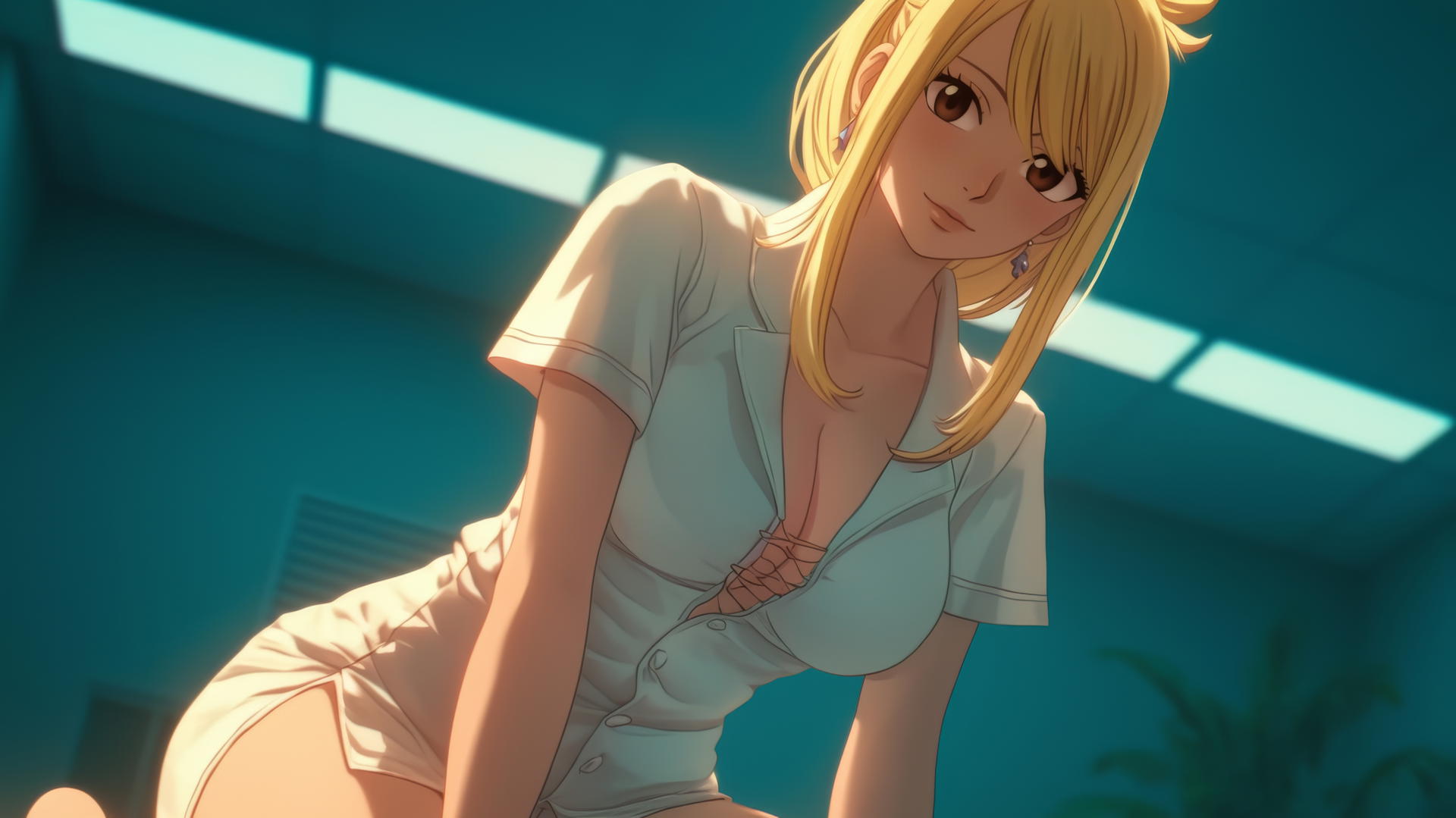 Lucy Heartfilia as a nurse, kneeling and leaning forward, with warm lighting.
