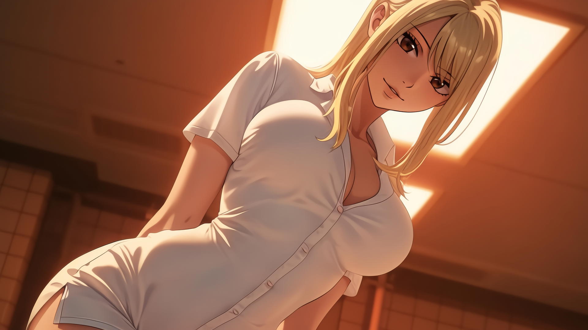 Nurse Lucy Heartfilia kneeling, warm glow, ceiling background, looking down