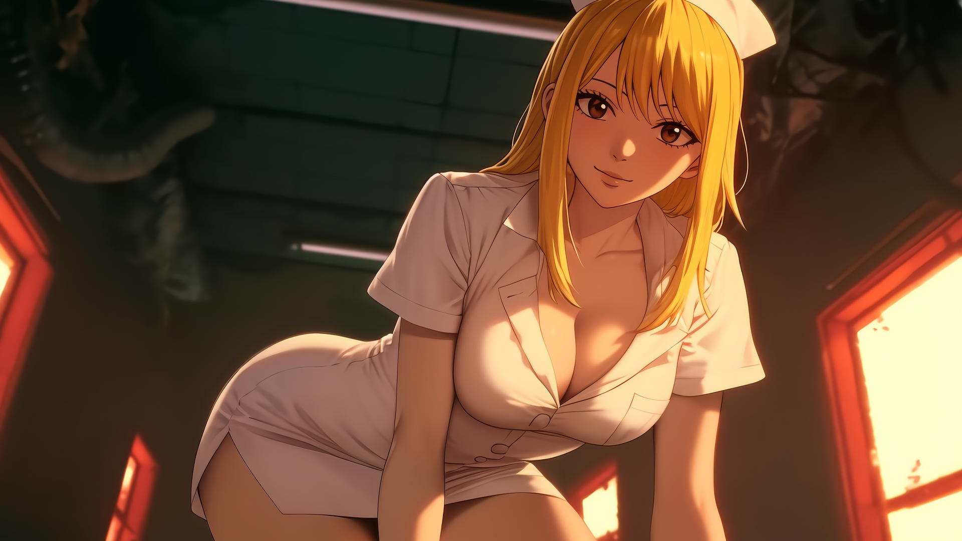 Lucy Heartfilia kneeling, wearing white, looking down, warm light and ceiling background