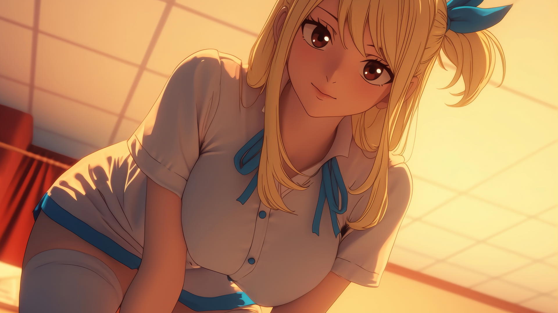 Lucy Heartfilia as a nurse kneeling and leaning forward with warm light and ceiling in the background.